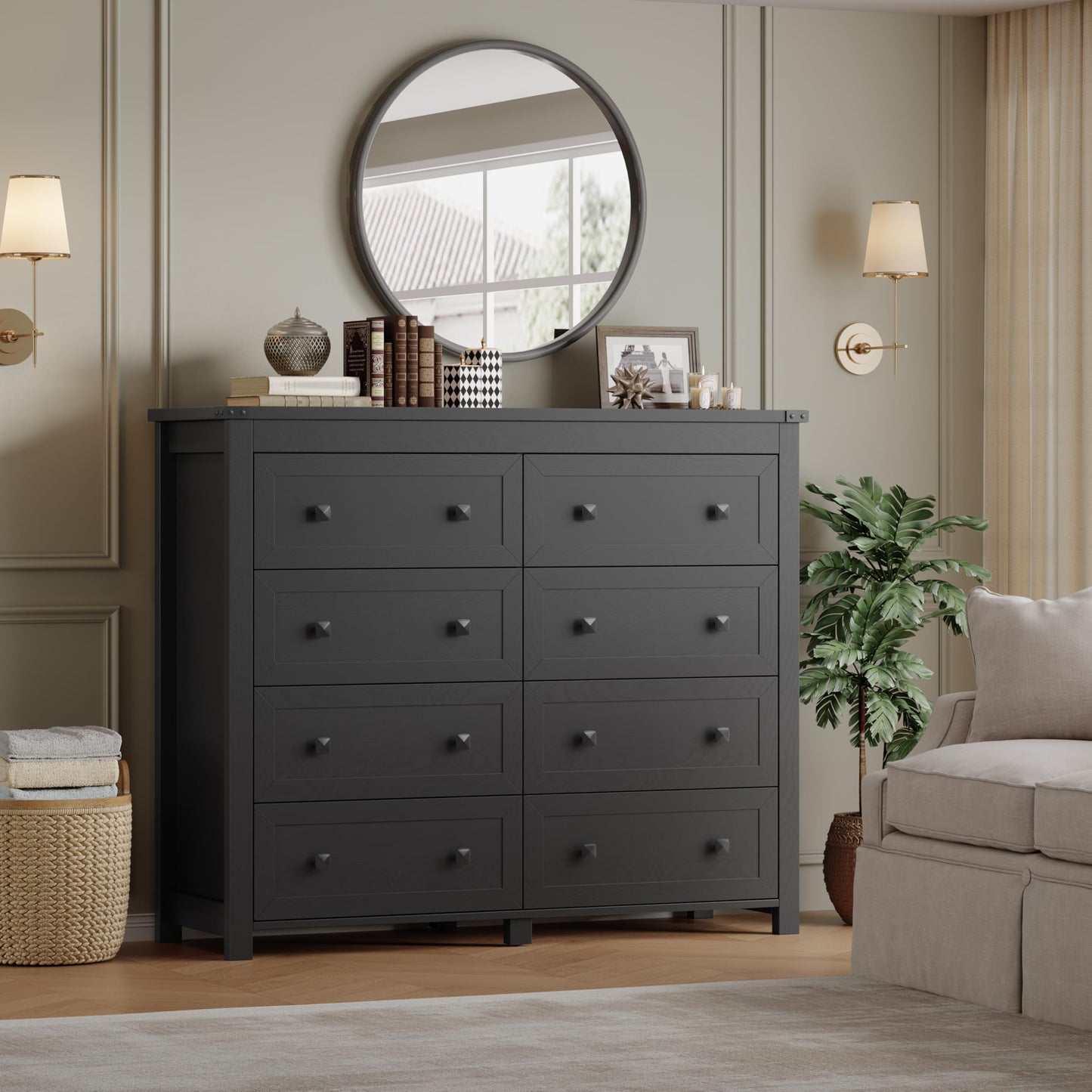 BORNOON Tall 8-Drawer Dresser, Modern Wooden Storage Chest of Drawers, Dresser TV Stand, Wood Drawer Organizer with Metal Handles for Bedroom, Living Room, Hallway