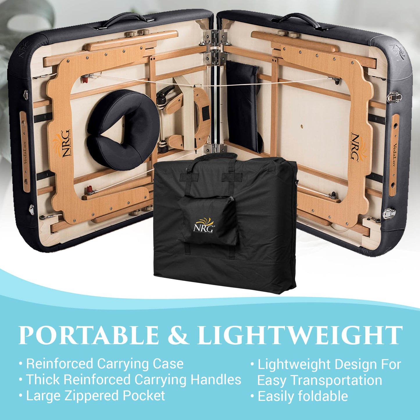 NRG Vedalux Portable Massage Table Package | Black | Folding Lightweight Massage Bed | Professional Spa Table with Face Cradle, Hanging Armrest & Carrying Case
