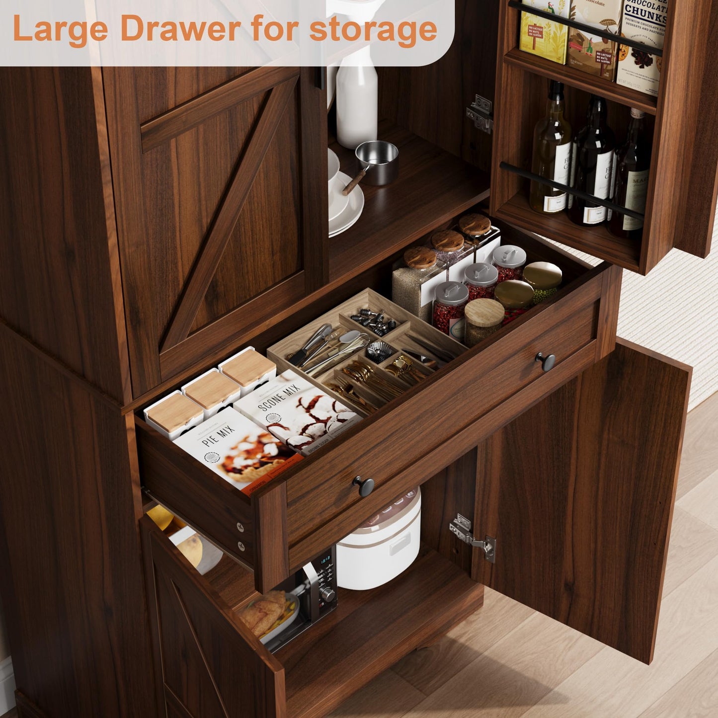Garvee 71" Kitchen Pantry Cabinet, Barn Door Freestanding Cupboard with Drawer, Sliding Storage Rack, and 6 Hanging Shelves for Kitchen, Dining Room, Living Room Bedroom