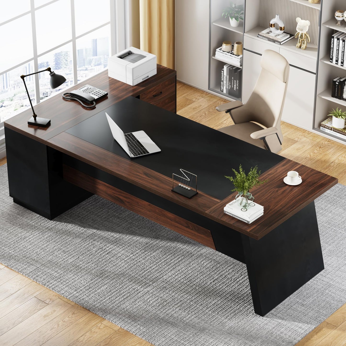 Tribesigns 78" L-Shaped Executive Desk, Large Office Desk with Drawers and File Cabinet, Modern Business Furniture for Home Office (Walnut & Black)