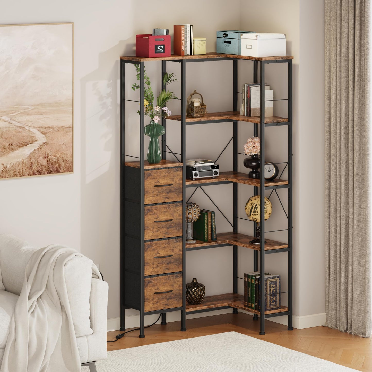 AFLUI Corner Bookshelf with LED Light Strips & 4 Fabric Drawers, 5-Tier Convertible Corner Shelf with Display Shelf, Large Wood Industrial Bookcase for Living Room, Bedroom, Home Office, Rustic Brown