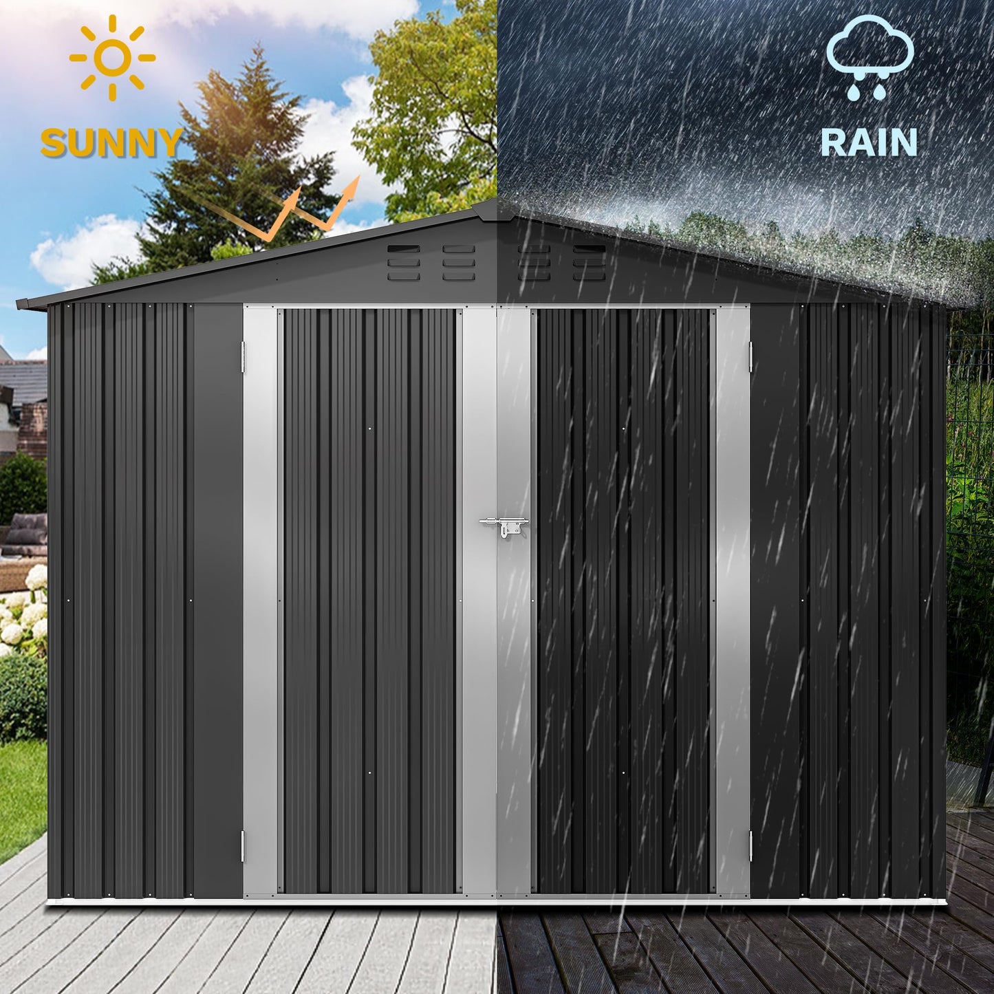 DWVO 7x5FT Outdoor Storage Shed, Roomy Steel Tool Shed with Secure Entrances & Air Circulation for Patio, Lawn, and Backyard, Ideal for Storing Garden Gear, Lawn Tools, and Bikes, Dark Gray