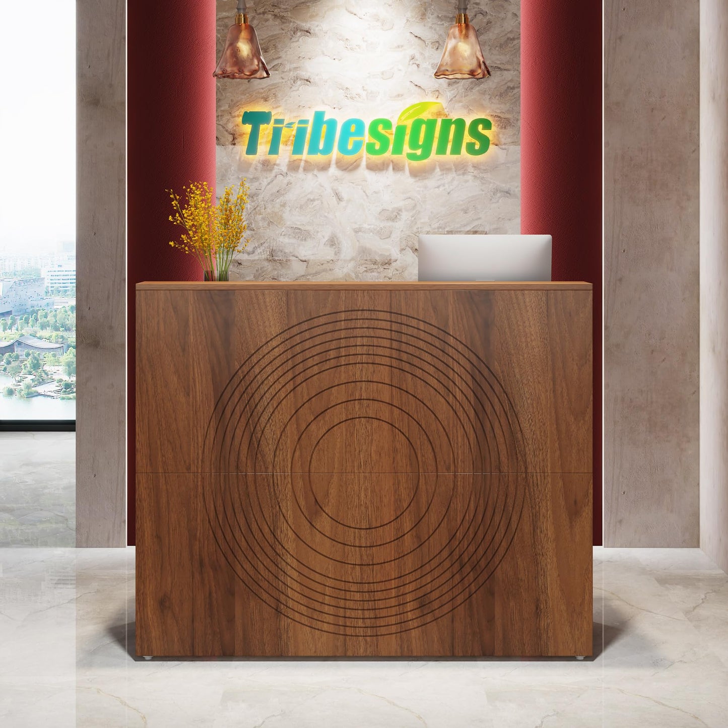 Tribesigns Reception Desk with Counter, Modern Front Desk Reception Room Table with Cable Grommet, 47 inch Retail Counter for Checkout, Lobby, Beauty Salon, Home Office Desk, Walnut