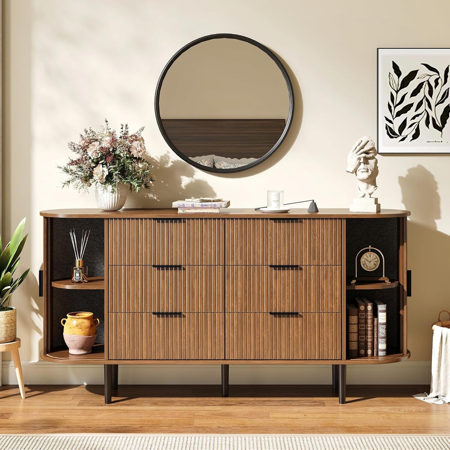 BVIUNTWO 63" Wide Fluted 6 Drawer Dresser for Bedroom, Modern Wood Chest of Drawers with Metal Handles, Curved Edge Design, Large Storage Credenza Cabinet for Living Room, Hallway, Brown