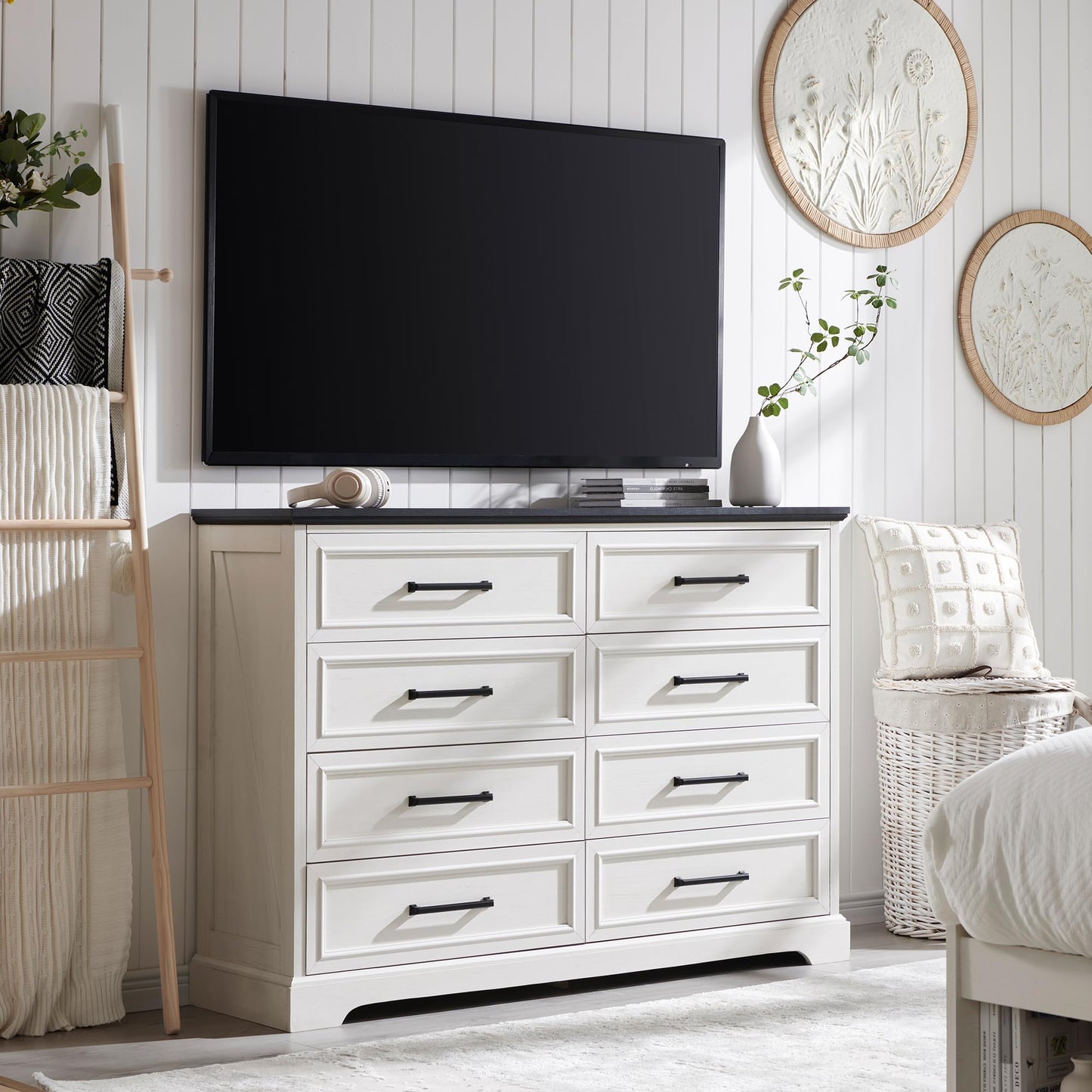 ACCOHOHO Farmhouse 8 Drawers Dresser Chests for Bedroom,52" Wide Wood Rustic Chest of Drawers with Metal Handle,Natural Texture,Drawer Organizer for Bedroom,Living Room,Hallway Entryway,Antique White