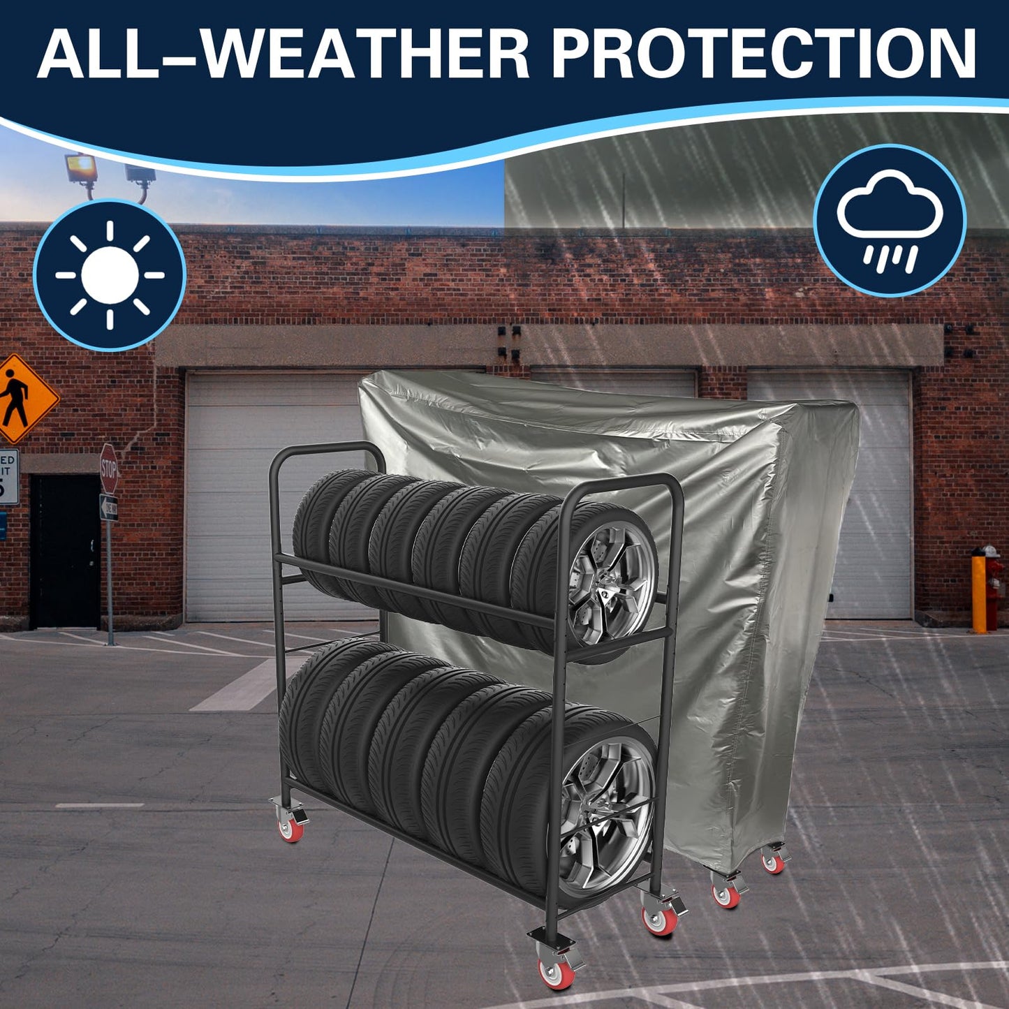 TONGMO Tire Storage Rack with Protective Cover - Adjustable Metal Tire Rack for Indoor/Outdoor Use - 58" H x 55.5" W x 17.5" D (55in)