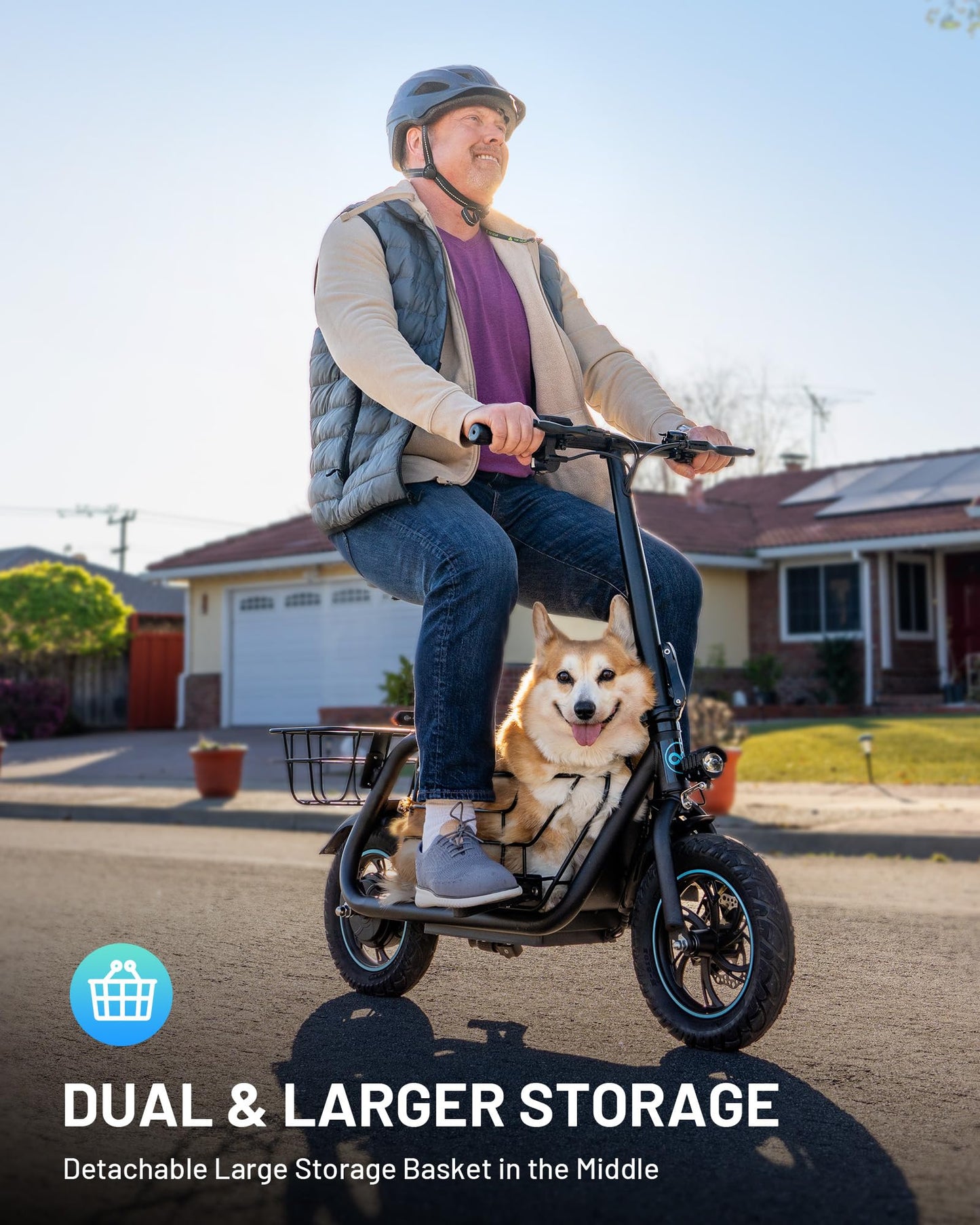Gyroshoes C1S Electric Scooter for Adults with Seat & Large Basket, 550W Motor, 20 Mile Range, 19MPH, Foldable E-Scooter for Commuting, Pets Dog, Grocery Shopping, soot