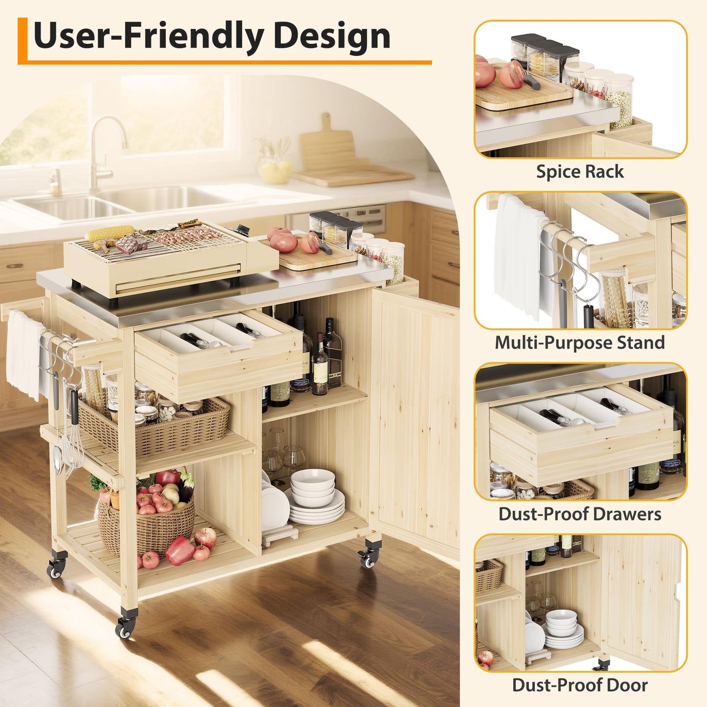 Outdoor Grill Cart with Wheels & Storage Cabinet – Movable Stainless Steel BBQ Prep Table, Portable Kitchen Island for Grilling, Backyard, Patio, Camping – Heavy Duty Dining Cart for Food Prep