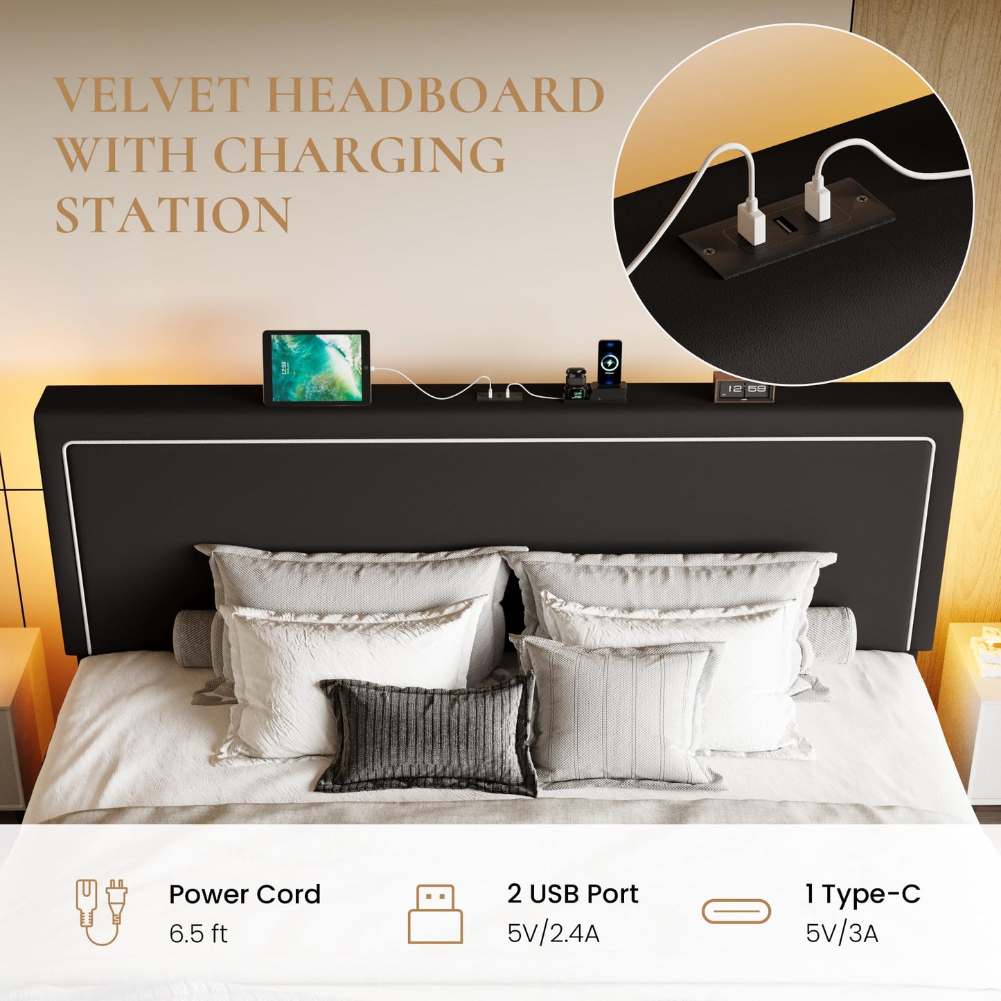 SHA CERLIN King Size Hydraulic Lift-Up Storage Platform Bed Frame with Charging Station, RGB LED Lights, Adjustable Velvet Headboard, USB-A and USB-C Ports, No Box Spring Needed, Black