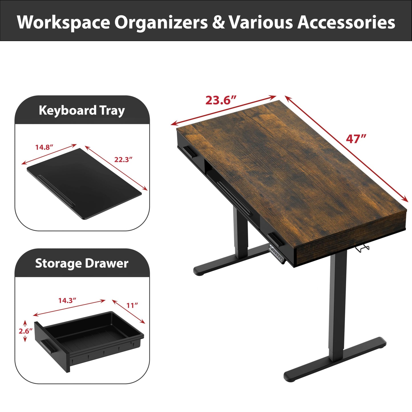 SHW 48-Inch Electric Height Adjustable Desk with Keyboard Tray and 2 Drawers, Rustic Brown