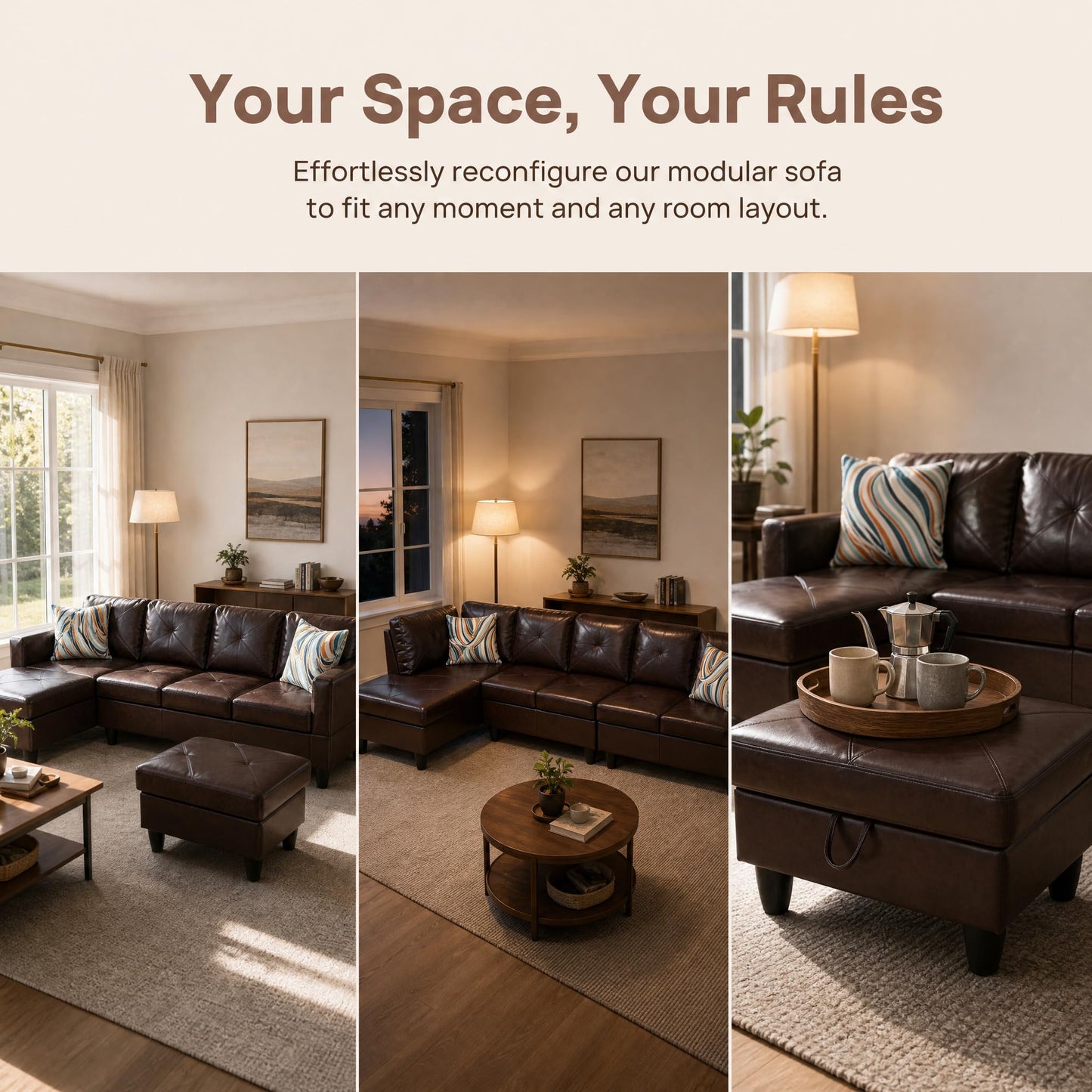 Trygoal 97" Leather L Shaped Couch with Left Chaise & Cup Holder, Sectional Sofas Modular Furniture Set with Storage Ottoman, Convertible Couches for Living Room, Small Space & Office (Brown)