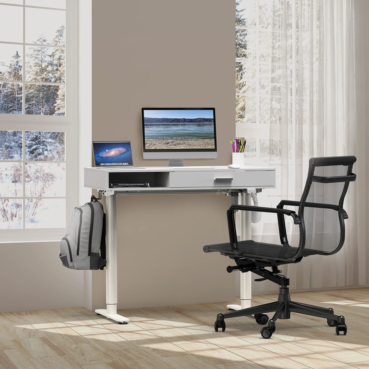 SHW 40-Inch Height Adjustable Claire Electric Standing Desk with Drawer, White