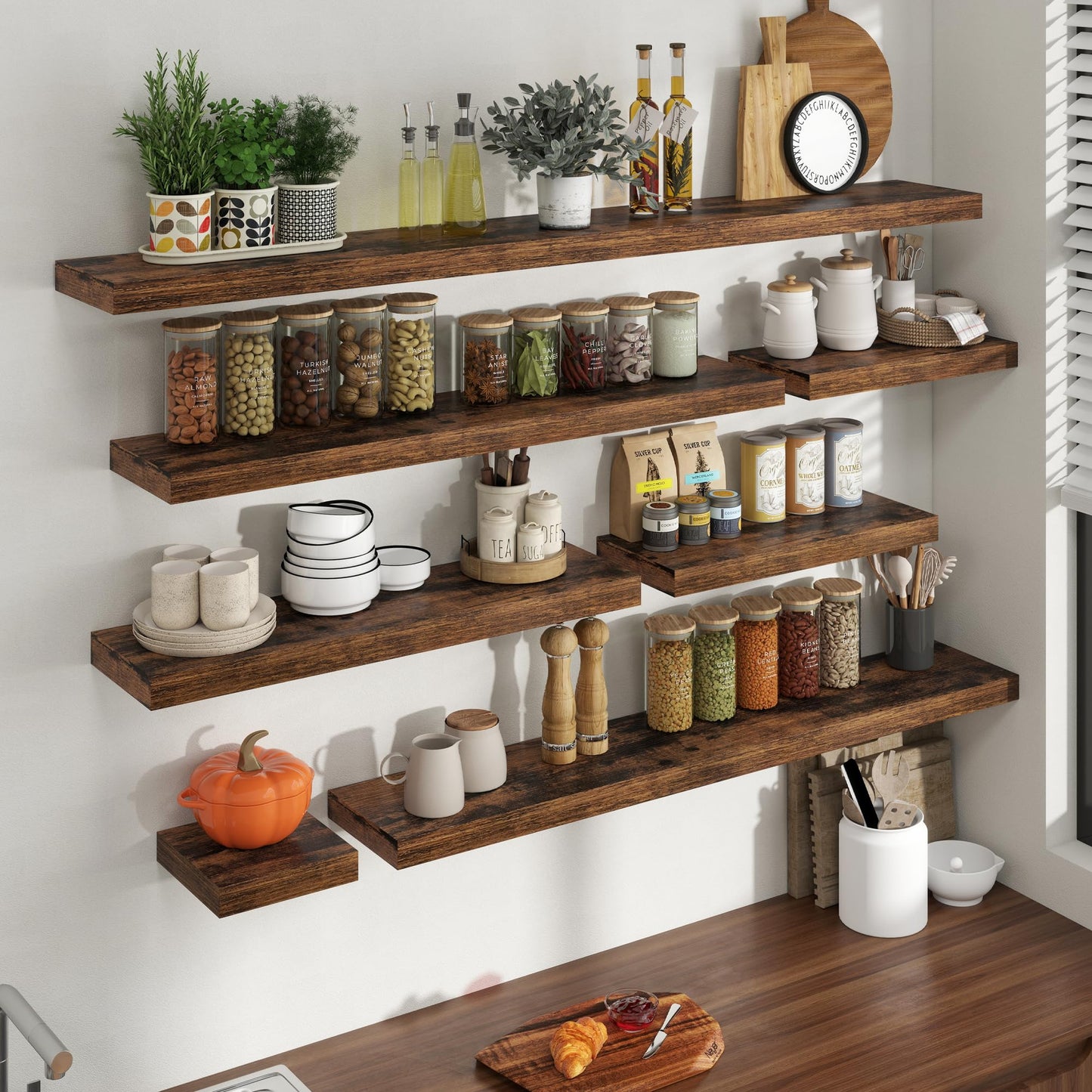 72 Inch Floating Shelves for Wall, 8 Inch Deep Floating Shelf for Storage & Display, Wall Mounted Shelf with Invisible Brackets for Living Room, Kitchen, Bathroom, Home Decor, Set of 2, Rustic Brown