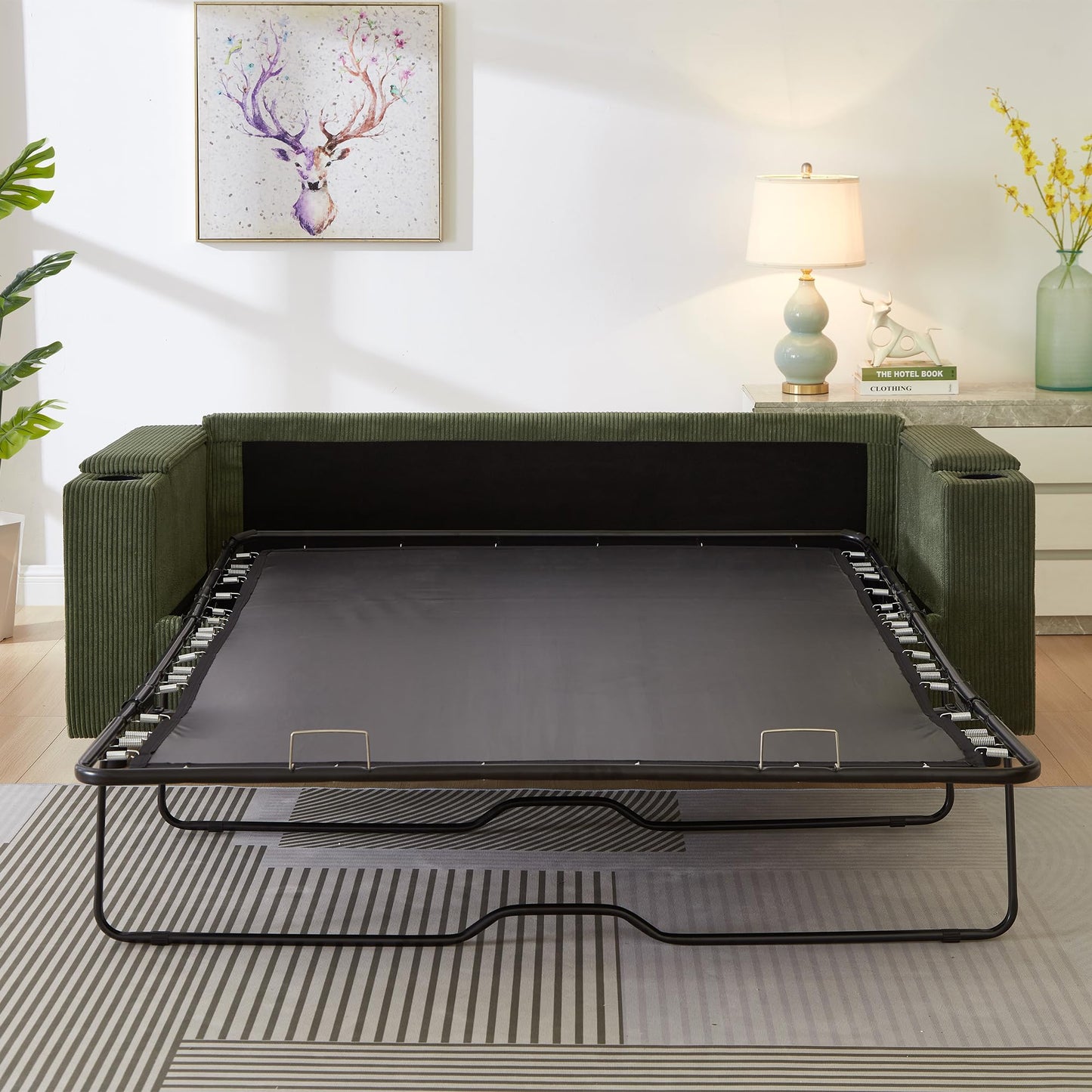 Eafurn 81" Convertible Loveseat Sofa Pull Out Couch with Queen Size Mattress Mattress Bed, 2 in 1 Corduroy Sleeper Sofa Couch Bed w/Cup Holders,Hidden Arm Storage Box,USB Ports