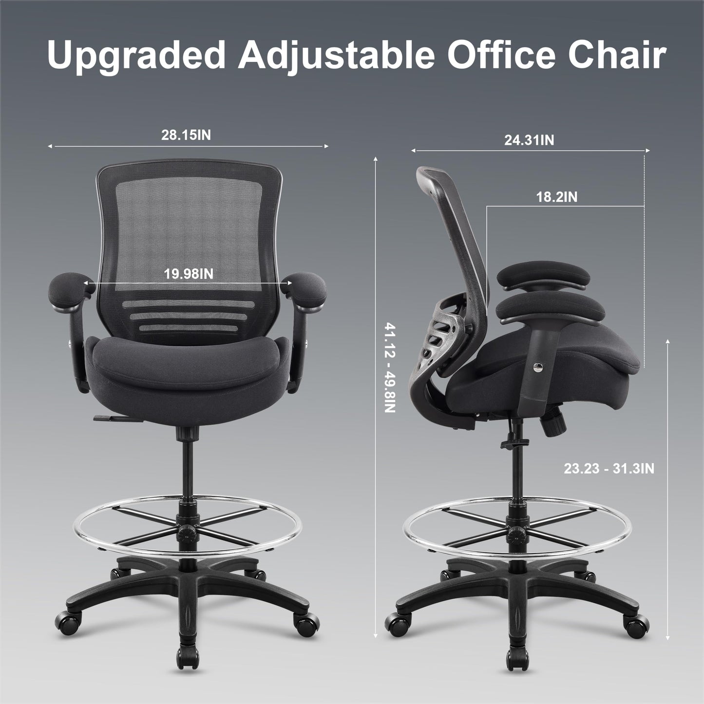WITTLONG 400lbs Office Drafting Chair Wide Dual Seat Cushion for High Standing Desk with Lumbar Support and Enlarged Adjustable Footrest-Black