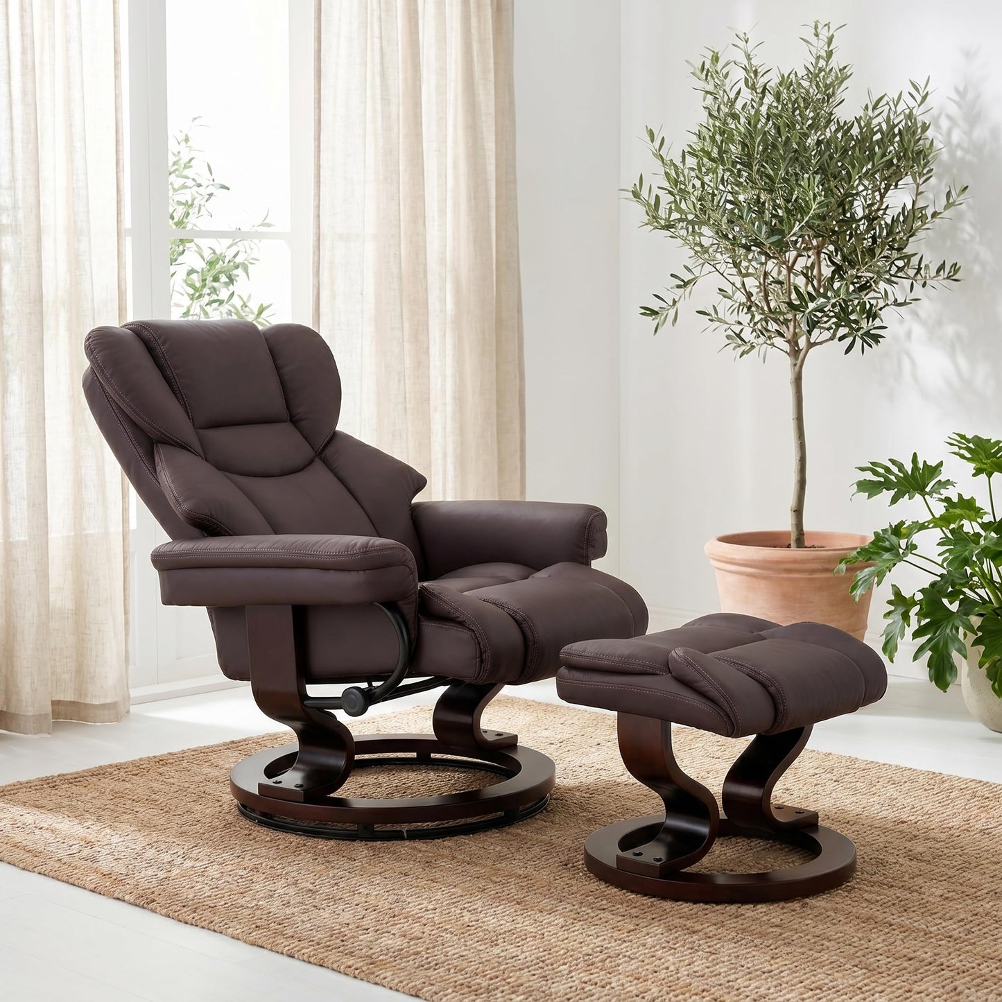 Trygoal Massage Recliner Chair with Ottoman, 360° Swivel Ergonomic Leather Reclining with 8 Vibration & Heating Points, 135° Lounge TV Chair with Bent Wood Base for Living Room and Bedroom, Brown