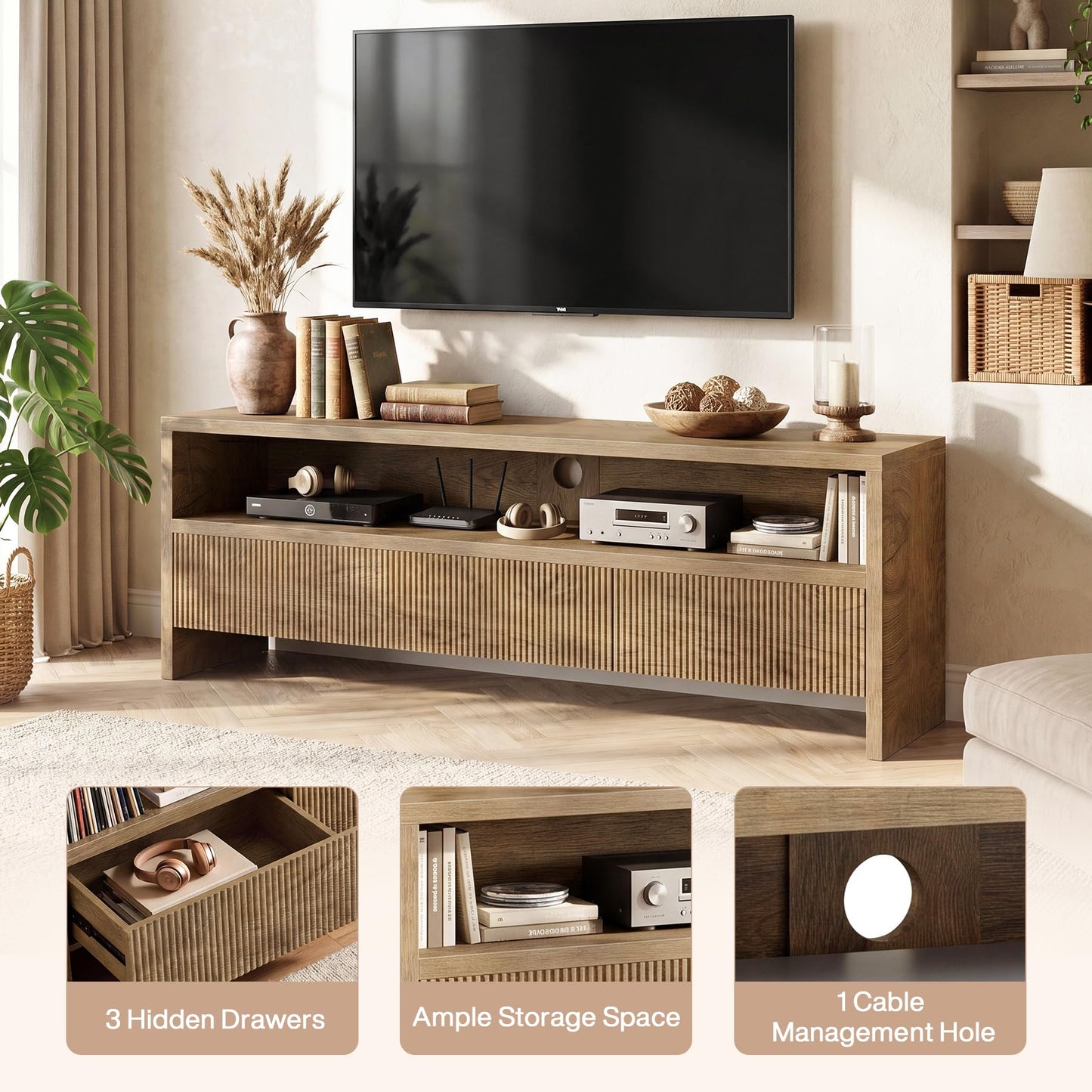 Tribesigns 63" TV Stand with 3 Drawers, 2-Tier Entertainment Center for TVs up to 75", Farmhouse Media Cabinet, Wooden Console with Storage, Television Stands for Living Room, Bedroom, Brown