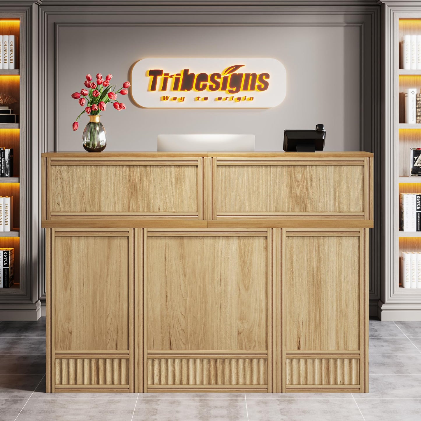 Tribesigns 57-inch Reception Desk with Counter, Front Receptionist Table, Boho Welcome Desk Checkout Counter for Office, Retail, Lobby, Beauty Salon (Oak)