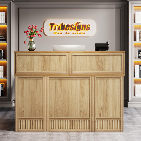 Tribesigns 57-inch Reception Desk with Counter, Front Receptionist Table, Boho Welcome Desk Checkout Counter for Office, Retail, Lobby, Beauty Salon (Oak)