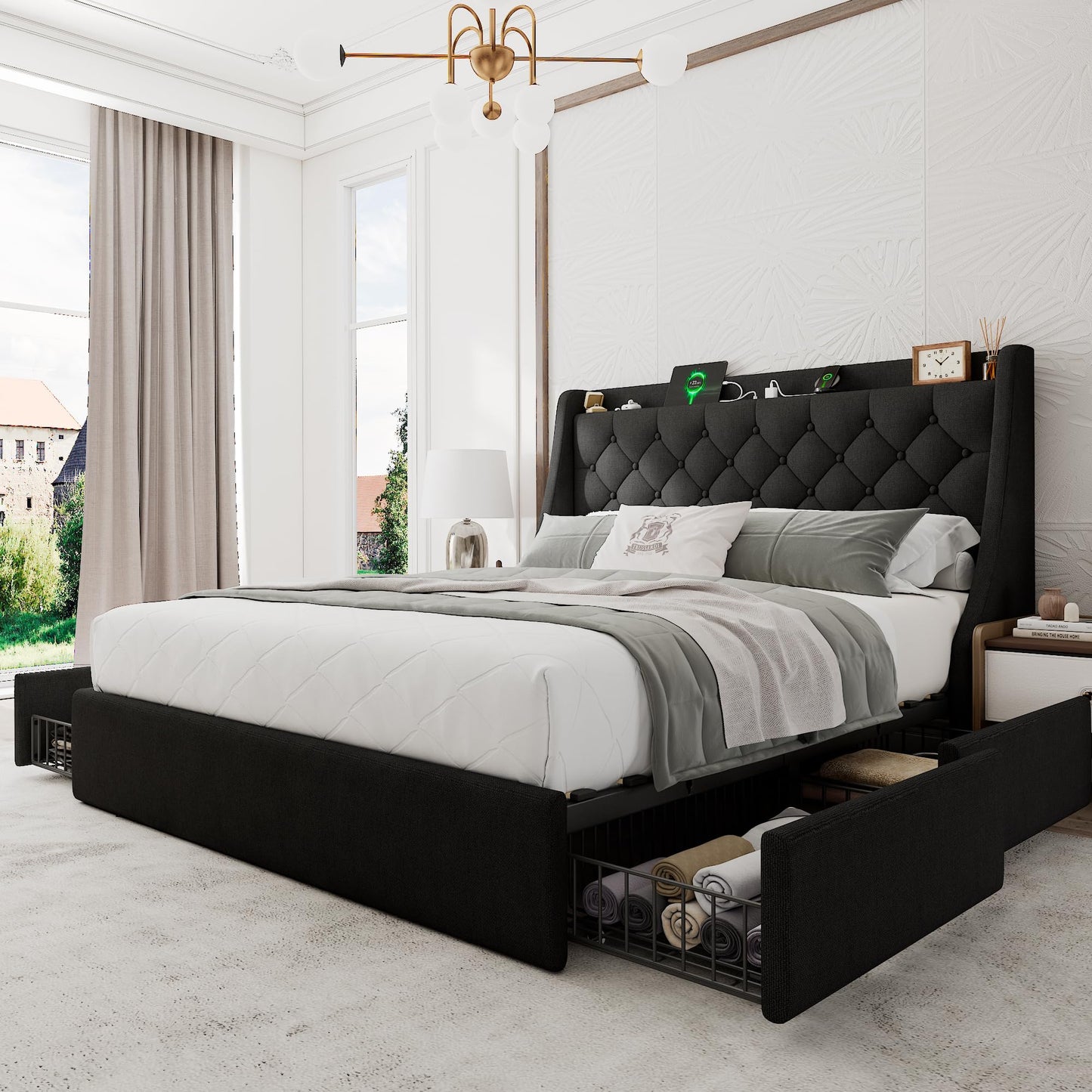 Einhomn Queen Bed Frame with 4 Storage Drawers, Upholstered Modern Bed Frame with Wingback Headboard, Charging Station, No Box Spring Needed, Easy Assembly, Black