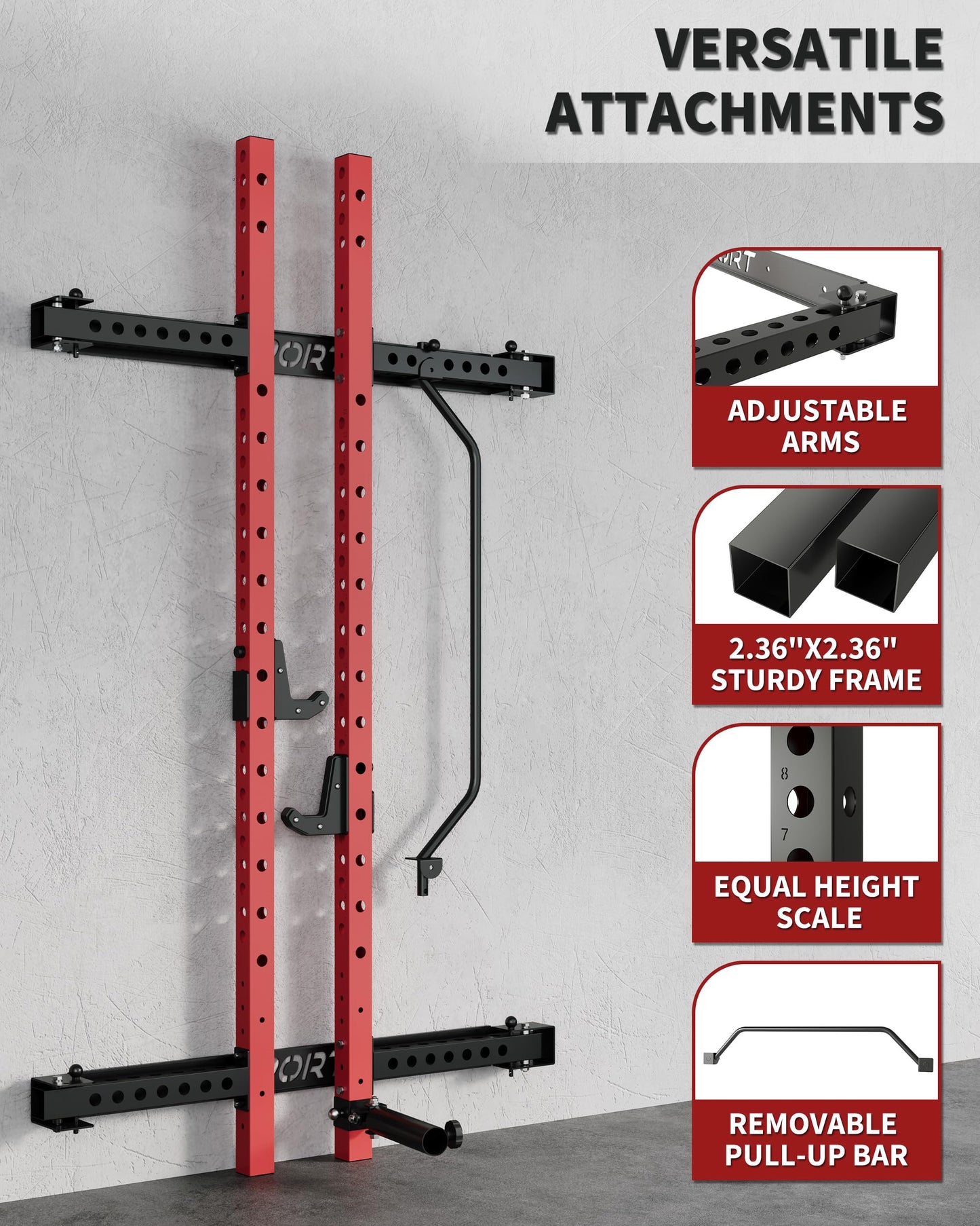 PeacefulHues Folding Wall Mounted Squat Rack, 1000 Pounds Capacity Power Rack with Pull Up Bar, J Hooks and Other Attachments, Space Saving Multi-Functional Power Cage for Home Gym