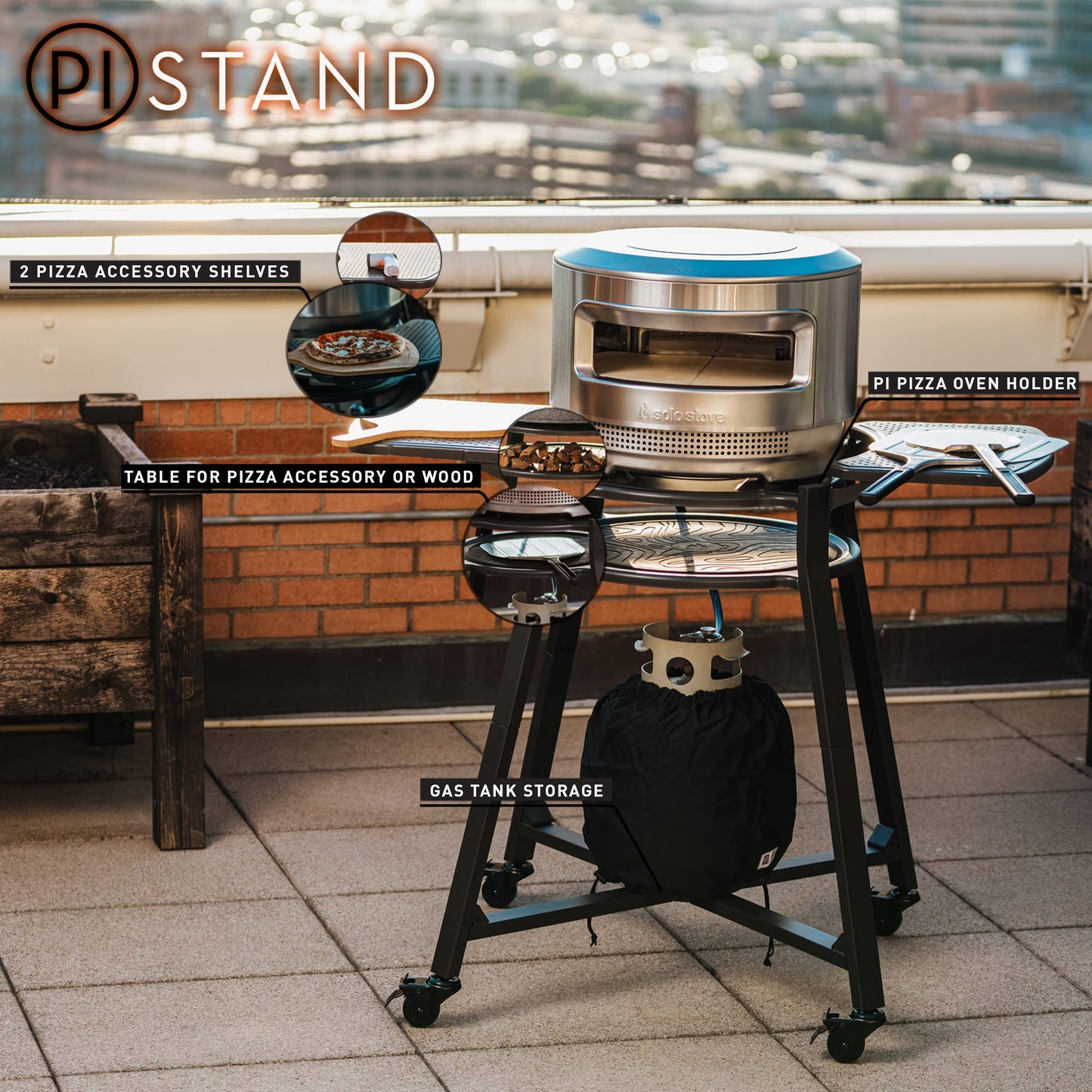 Solo Stove Portable Pi Stand | Outdoor Stand for Pi Pizza Oven on Wheels, With Shelf & Gas Tank Storage, Split Table Top, Powder-Coated Stainless Steel, Dimensions (LxW): 47.3 x 38.1 in, 45 lbs, Black