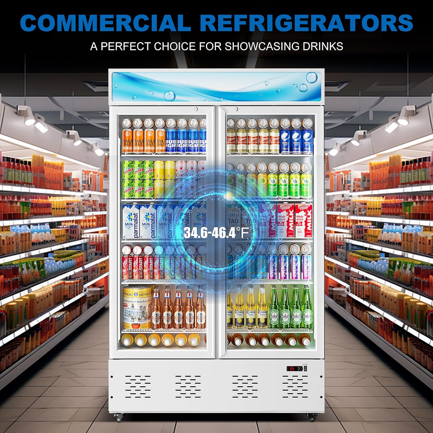 ECEVT 47.8'' W Commercial Beverage Refrigerators, 40 Cu.ft Glass Door Refrigerator Commercial Cooler with LED Light and 10 Shelves, Display Refrigerator for Restaurant Store Cafe Bar, White