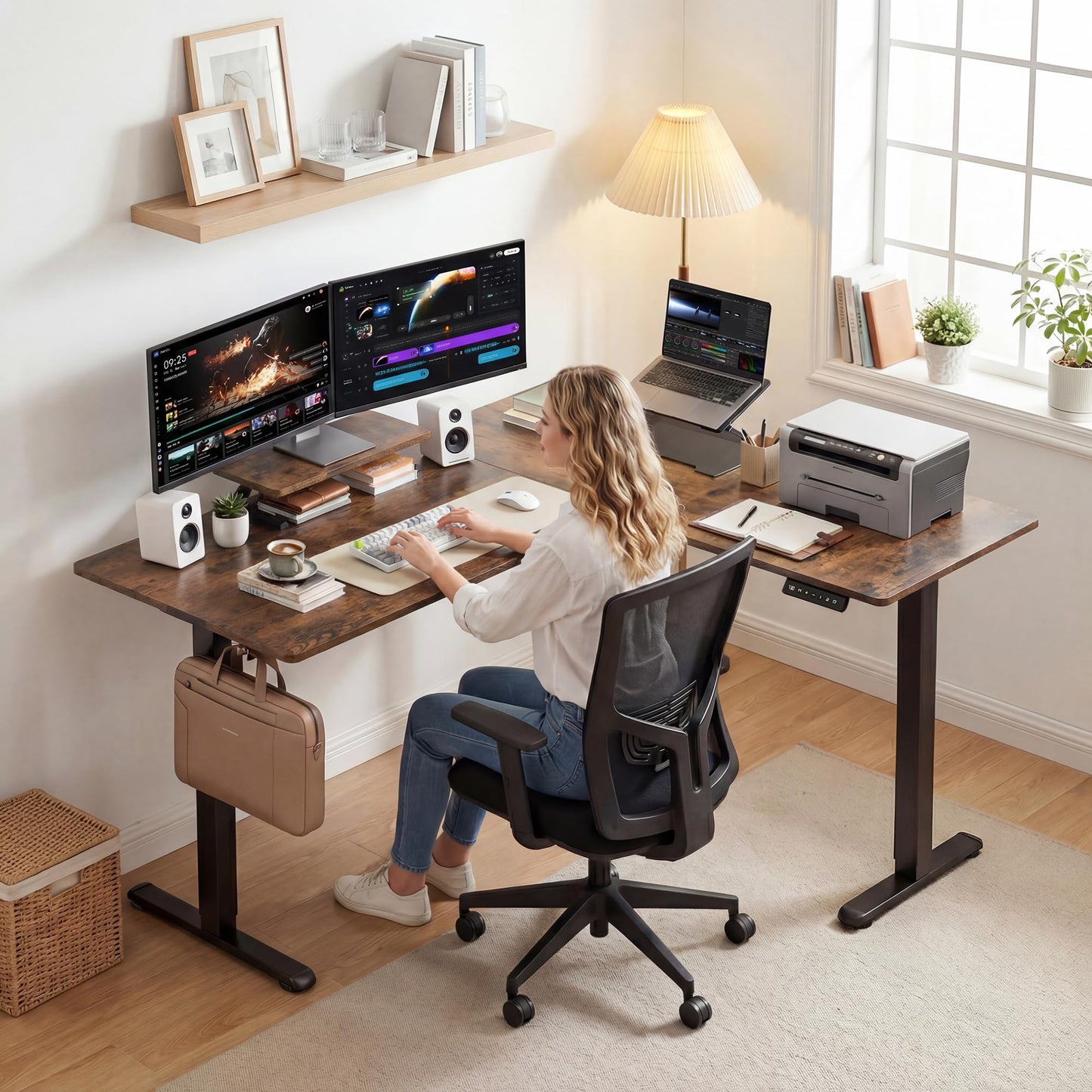 Shahoo L Shaped Electric Standing Desk, 63"x47.2" Corner Height Adjustable Sit Stand Desk with Monitor Riser, Ergonomic Stand Up Desk, 154 LBS Load Capacity Quiet Motor Home Office Computer Desk