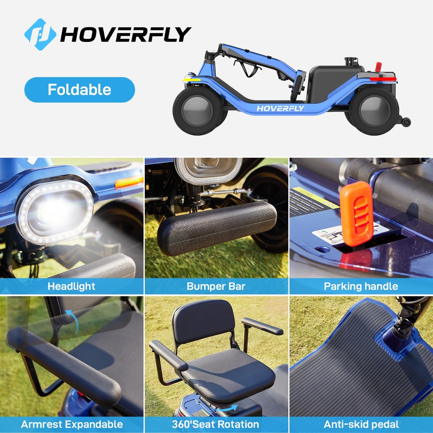 Hoverfly T5 Mobility Scooter for Seniors, Max 16.8-Mile Range & 5 mph, 3-Position Seat & Anti-slip Rear Wheel, Removed Battery & Quick Fold Design, Solid 9" Tire&330 lb Capacity, Ease of Assembly Blue