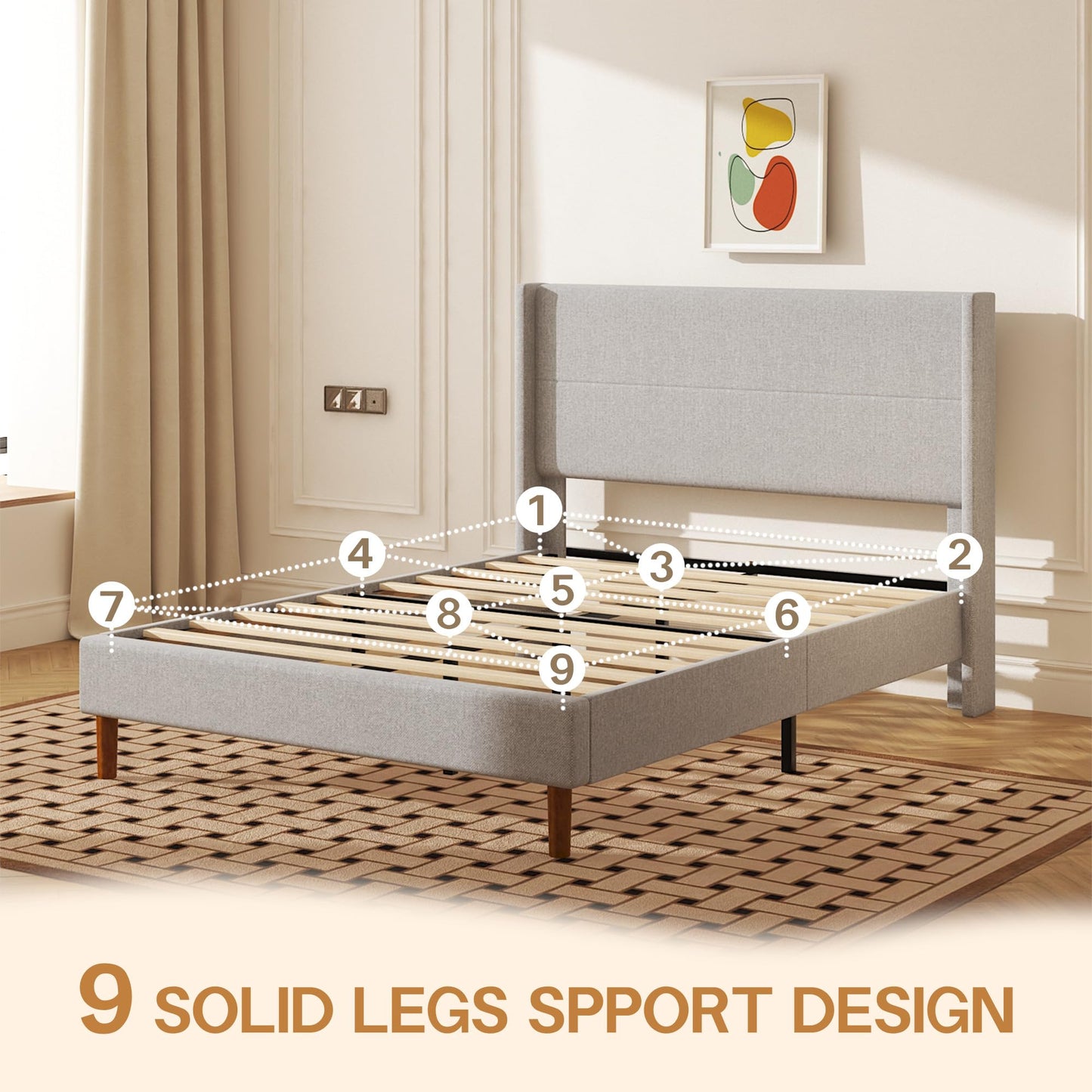Mxhtcewz Full Size Bed Frame, Linen Upholstered Platform with Wingback Headboard, Wooden Slats Support, No Box Spring Needed, Easy Assembly, Lightgrey