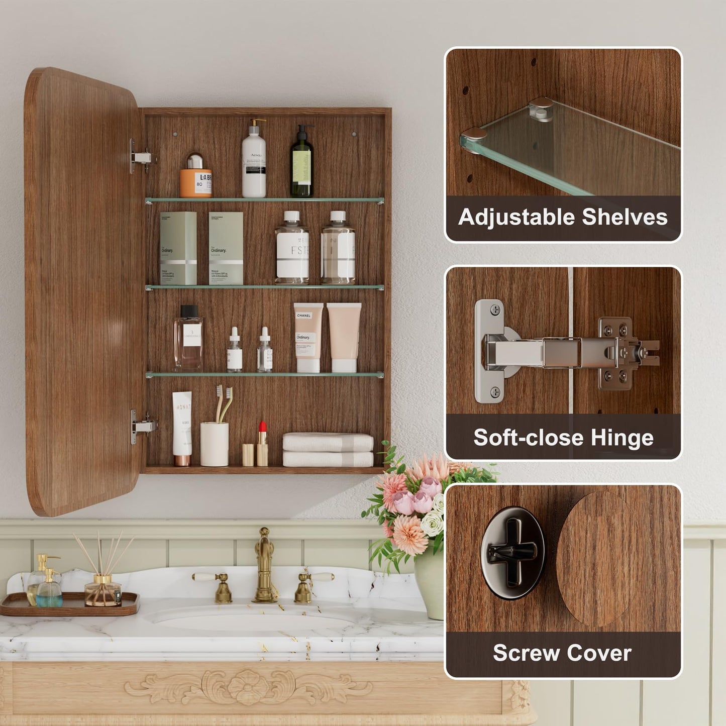 Keazile 20x28 Inch Wood Medicine Cabinet with Mirror, Surface or Recessed Mount Bathroom Mirror Cabinet, Adjustable Glass Shelves, Soft-Close Door, Rounded Corner, Fully Assembled, Walnut