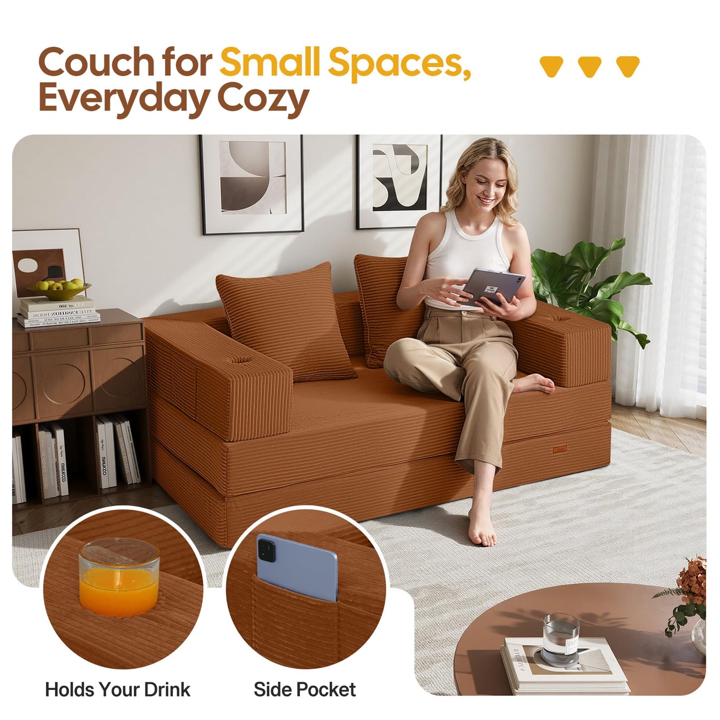COMAX Futon Sofa Bed, 4‑in‑1 Convertible Sofa Bed, Folding Boneless Couches for Living Room, Fold Out Small Foldable Loveseat Floor Sleeper Comfy Mattress Lounge Space‑Saving, Orange
