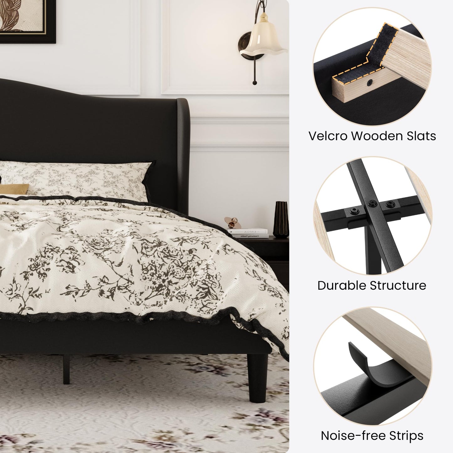SHA CERLIN King Size Velvet Platform Bed Frame with Elegant Wingback Headboard, Modern & Luxurious Design, Sturdy Wooden Slats, No Box Spring Required, Easy Assembly, Noise-Free, Soft Black