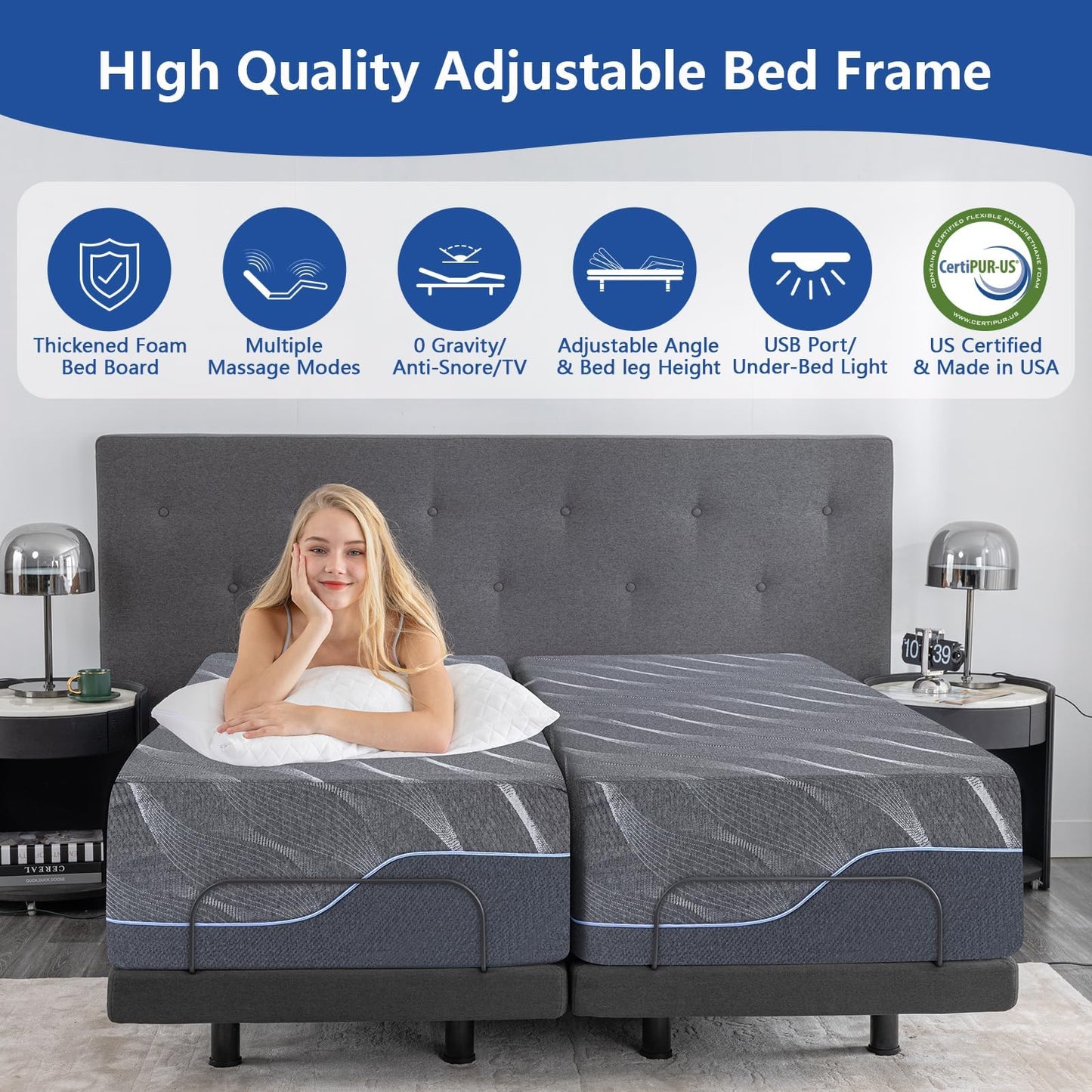 Queen Adjustable Bed Base with Mattress, 14 Inch Grey Gel Memory Foam Medium-Firm Mattress in Box, Updated Adjustable Bed Frame with Thickened Foam Frame, Massage, Wireless Remote Smart Adjustable Bed