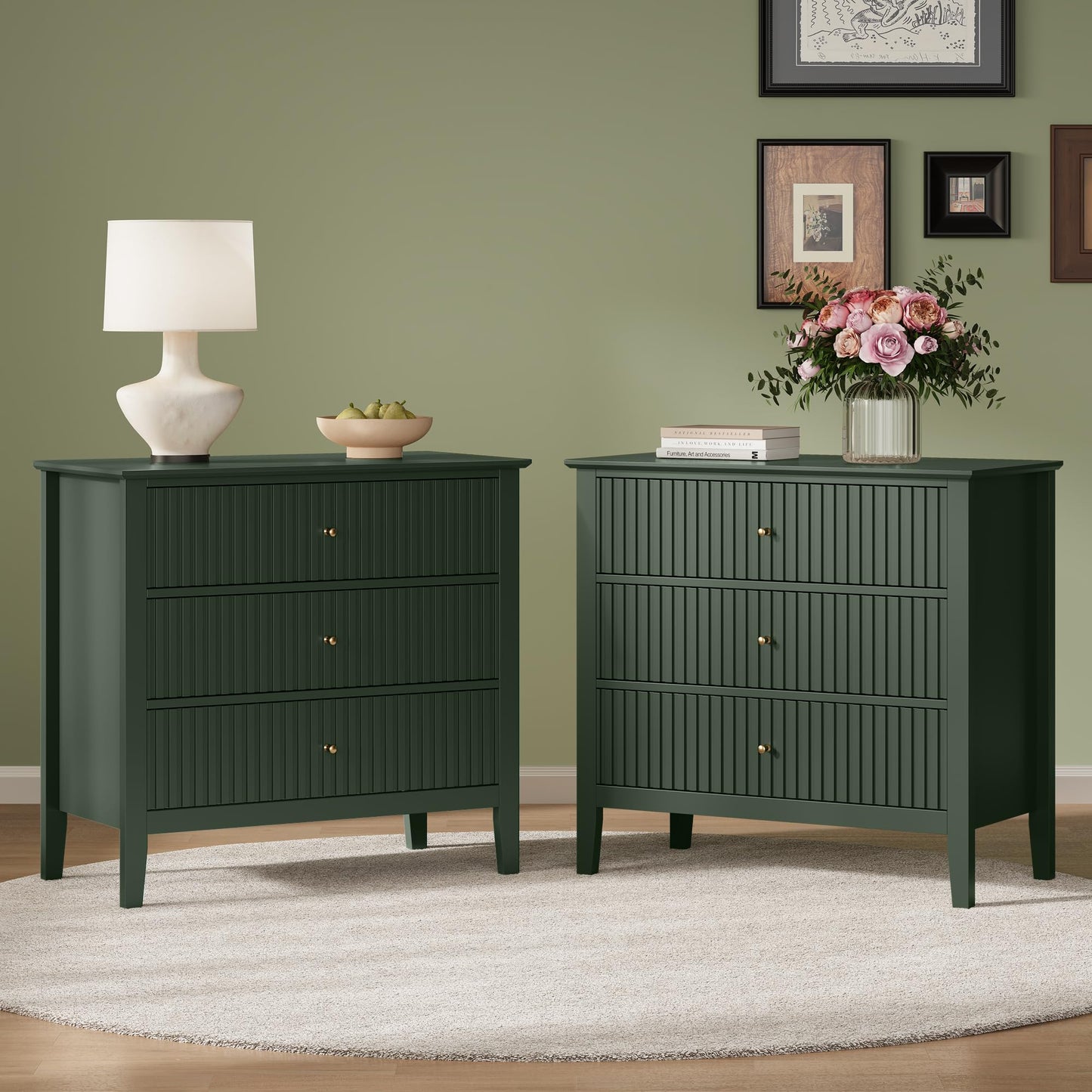 RoyalCraft 32" Large Nightstand Set of 2, Fluted Painted Bedside Table with 3 Spacious Drawers, Modern Tall End Table for Bedroom, Dark Green