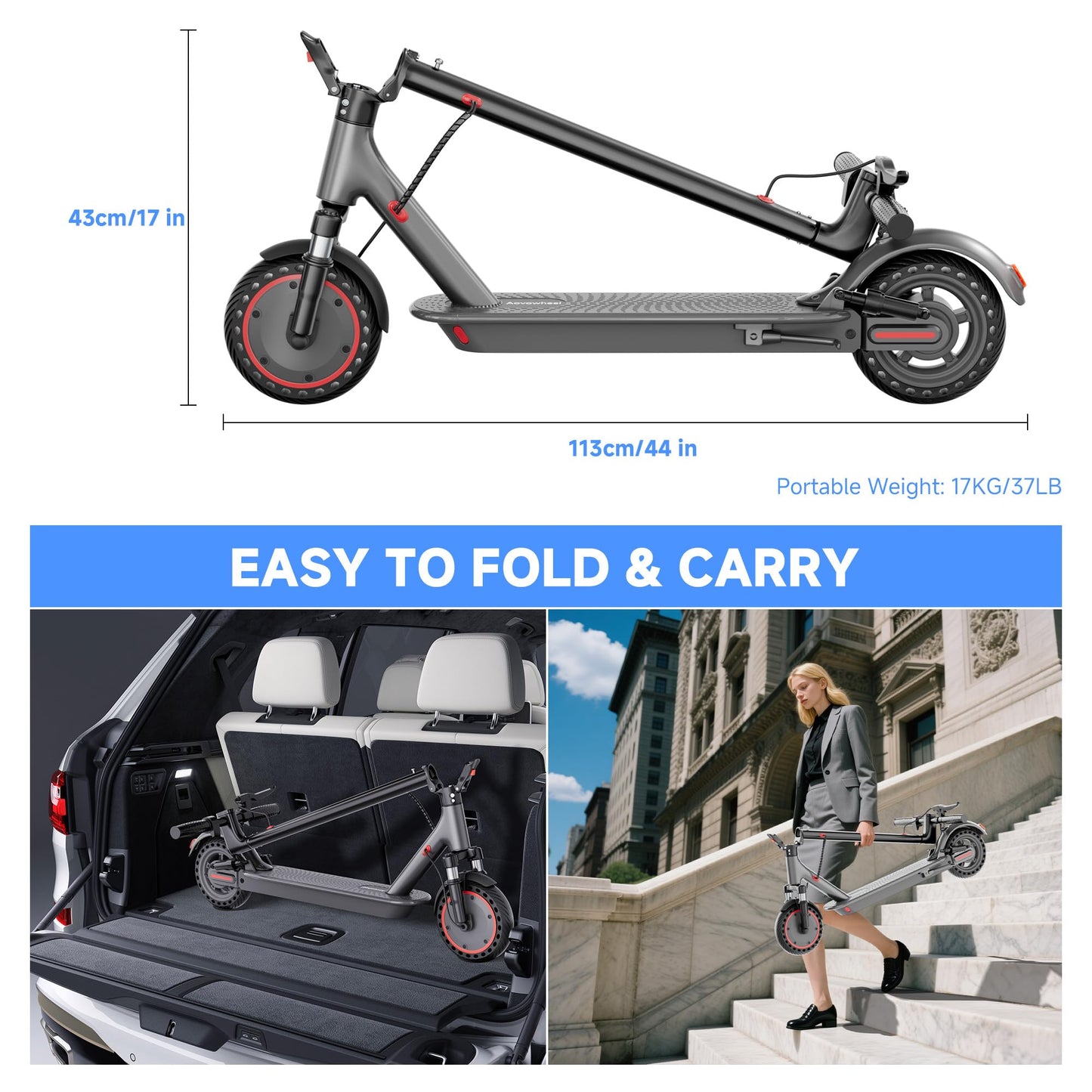 Aovowheel Electric Scooter for Adults, 10'' 500W Motor, Max 23 Miles Range, 19 Mph Top Speed with Dual Suspension, Portable Folding E-Scooter for Commuting, Electric Scooter