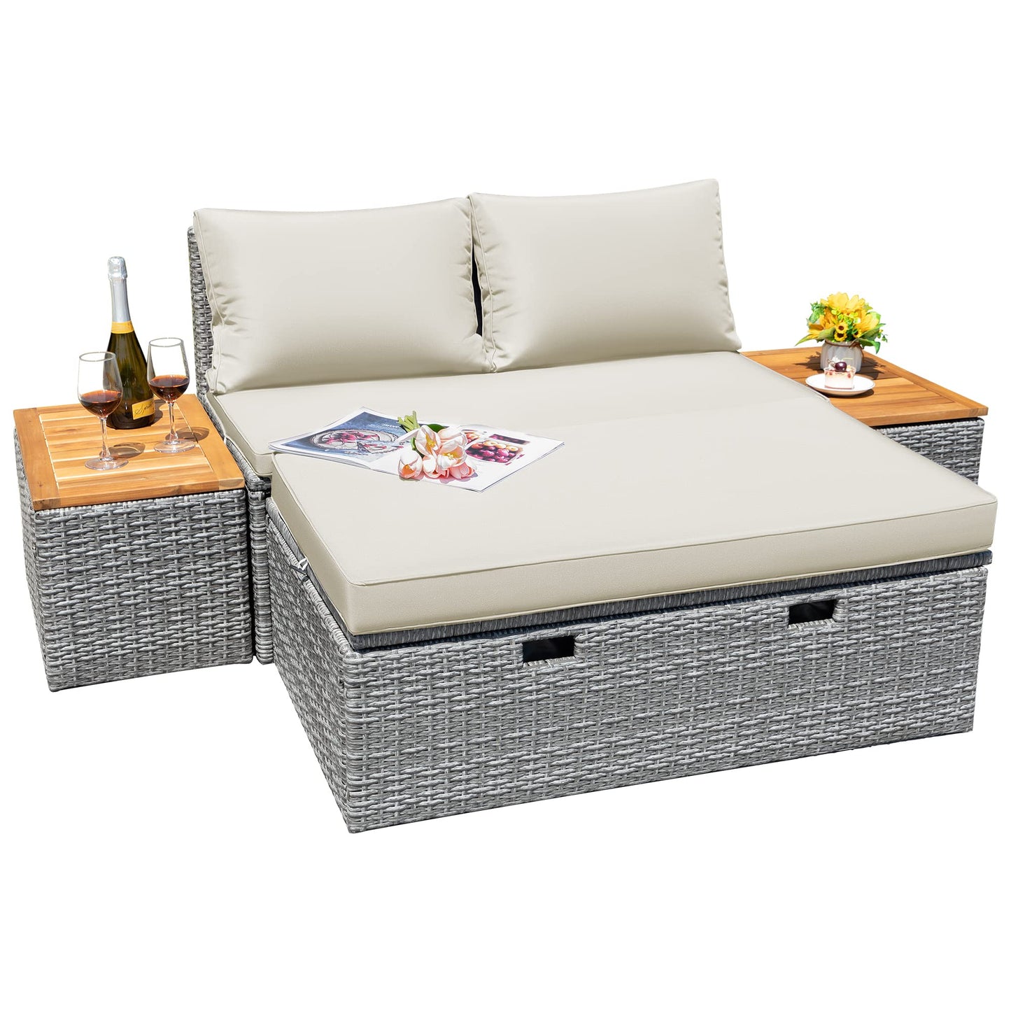Greesum Patio Furniture Set Multifunctional Outdoor Sectional Sofa Rattan Chaise Lounge Wicker Daybed with Couch, Cushions, Storage Ottoman and 2 Side Tables for Backyard Porch Poolside Lawn, White