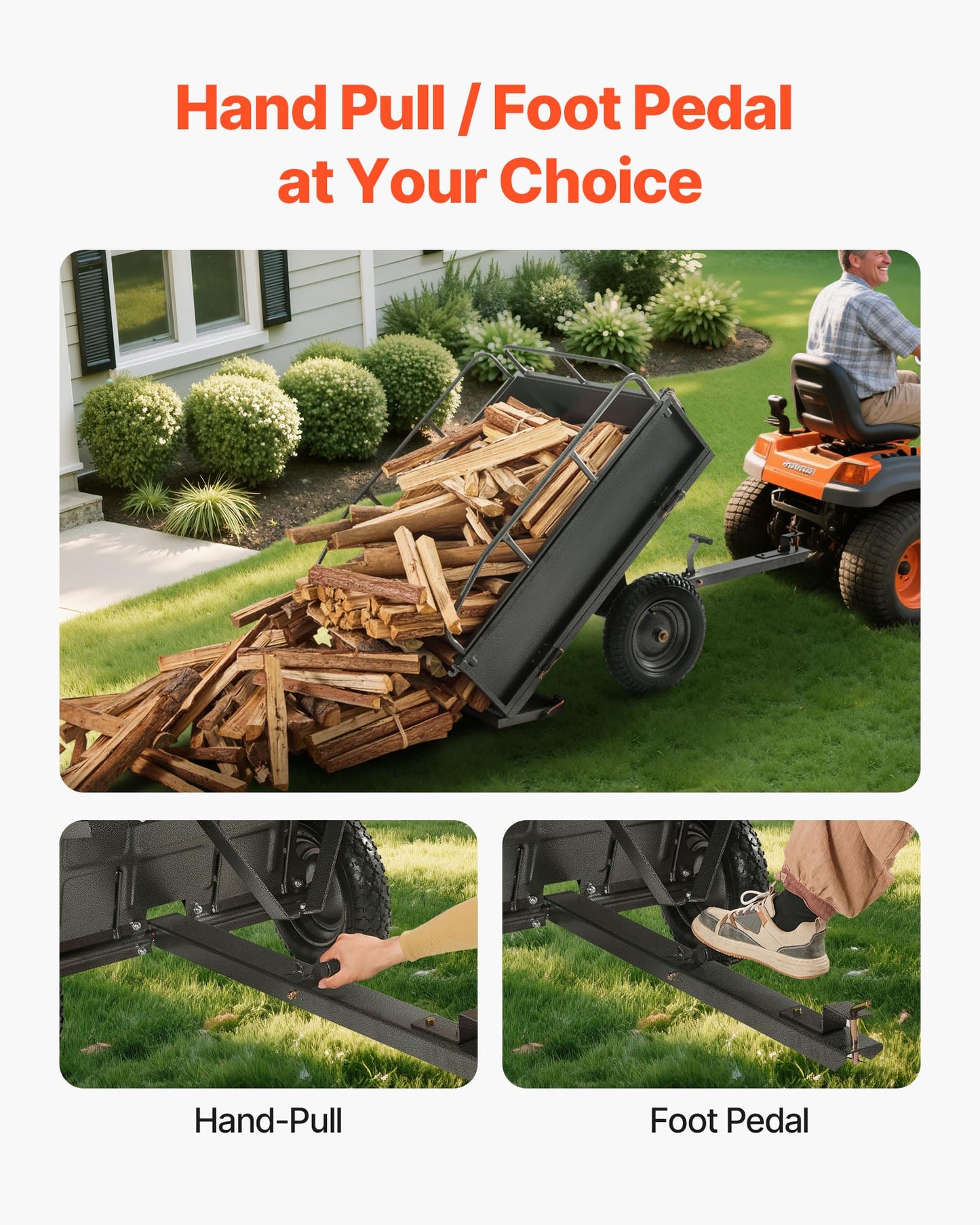 VEVOR 10 Cu.Ft. & 500lbs ATV Trailer Dump Cart Tow Behind, Heavy Duty Utility UTV Trailer, Tow Behind Steel Yard Dump Wagon Cart with 14" Tires for Lawn Mower Tractor