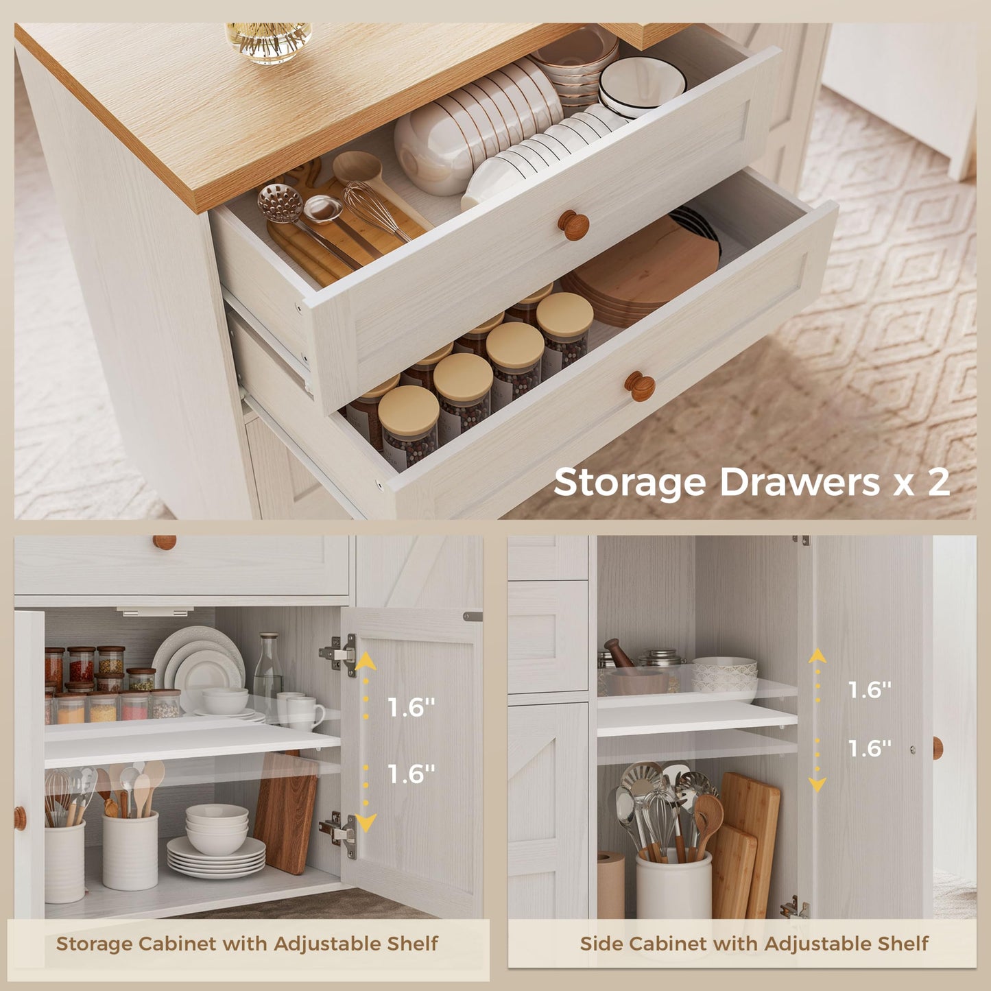 IRONCK Kitchen Island with 360° Swivel Table, Rolling Island with Storage, Kitchen Cart with Spacious Drawer, Storage Cabinets and Spice Rack for Home, Dining Room