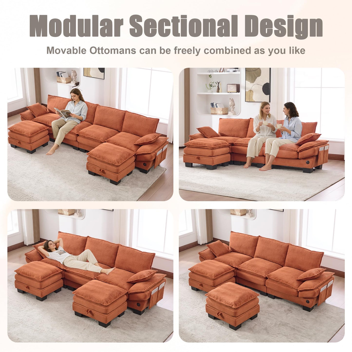 130" Oversized Modular Cloud Sectional Sofa Convertible U/L Shaped Couch Sets for Living Room - 6 Seater Corduroy Cloud Cushion Couches with Storage Ottomans and Pillow Armrest