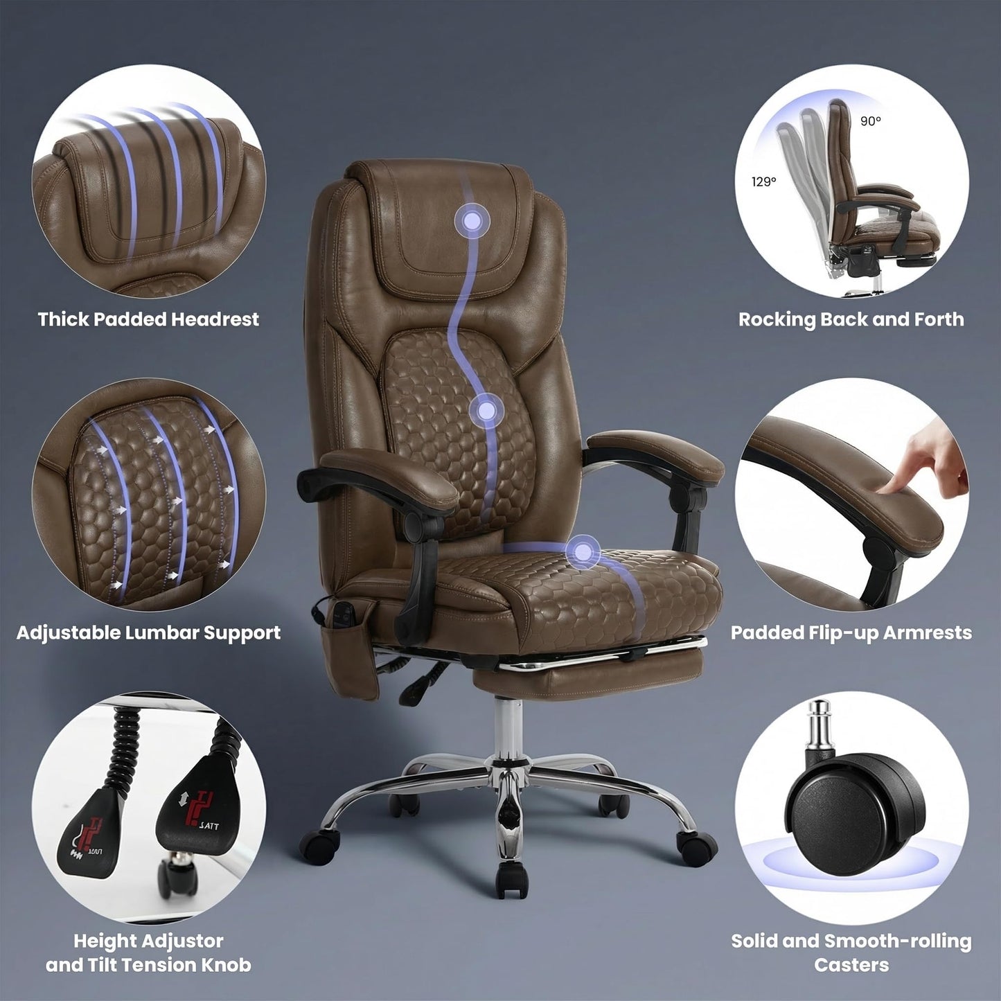 MALOL Massage Office Chair Set of 2 with 3-Level Heat and Footrest – 20-Min Easy Assembly, 300 lbs Big and Tall Desk Chair, PU Leather Ergonomic Executive Computer Chair with Side Pocket, Brown