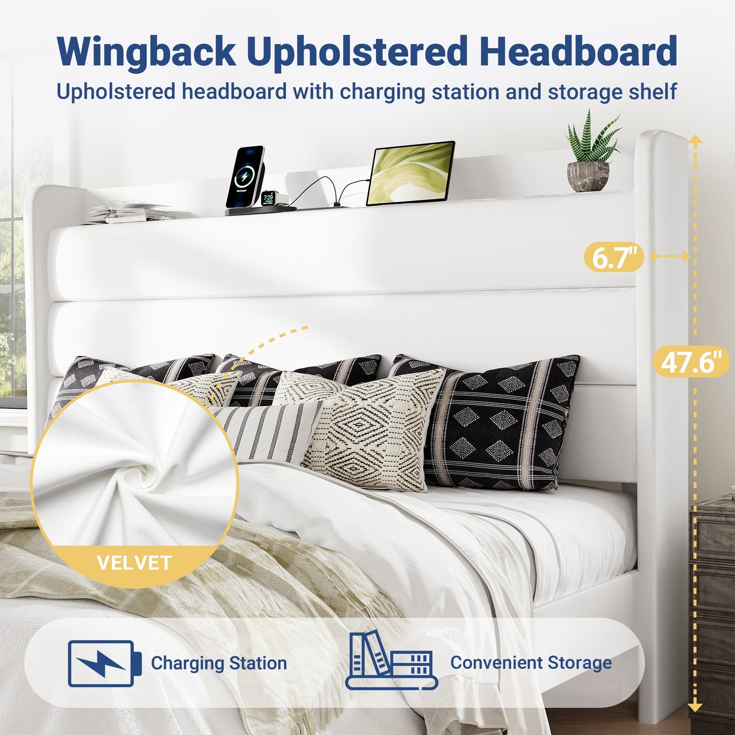 Allewie King Size Upholstered Bed Frame with Charging Station & Storage Headboard, Soft Velvet Wingback Platform Bed, Strong Wooden Slats Support, No Box Spring Needed, Easy Assembly, White