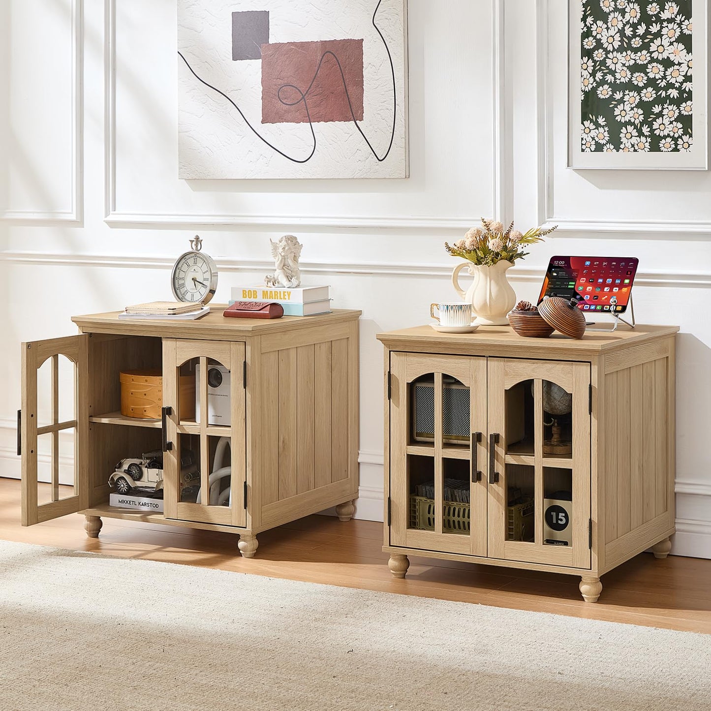 RWYHG Farmhouse 24" End Table Set of 2 with Charging Station, Large Sofa Side Table with Glass Barn Door,Wood Night Stand with Adjustable Storage Shelf,Square Bedside Table for Living Room,Bedroom