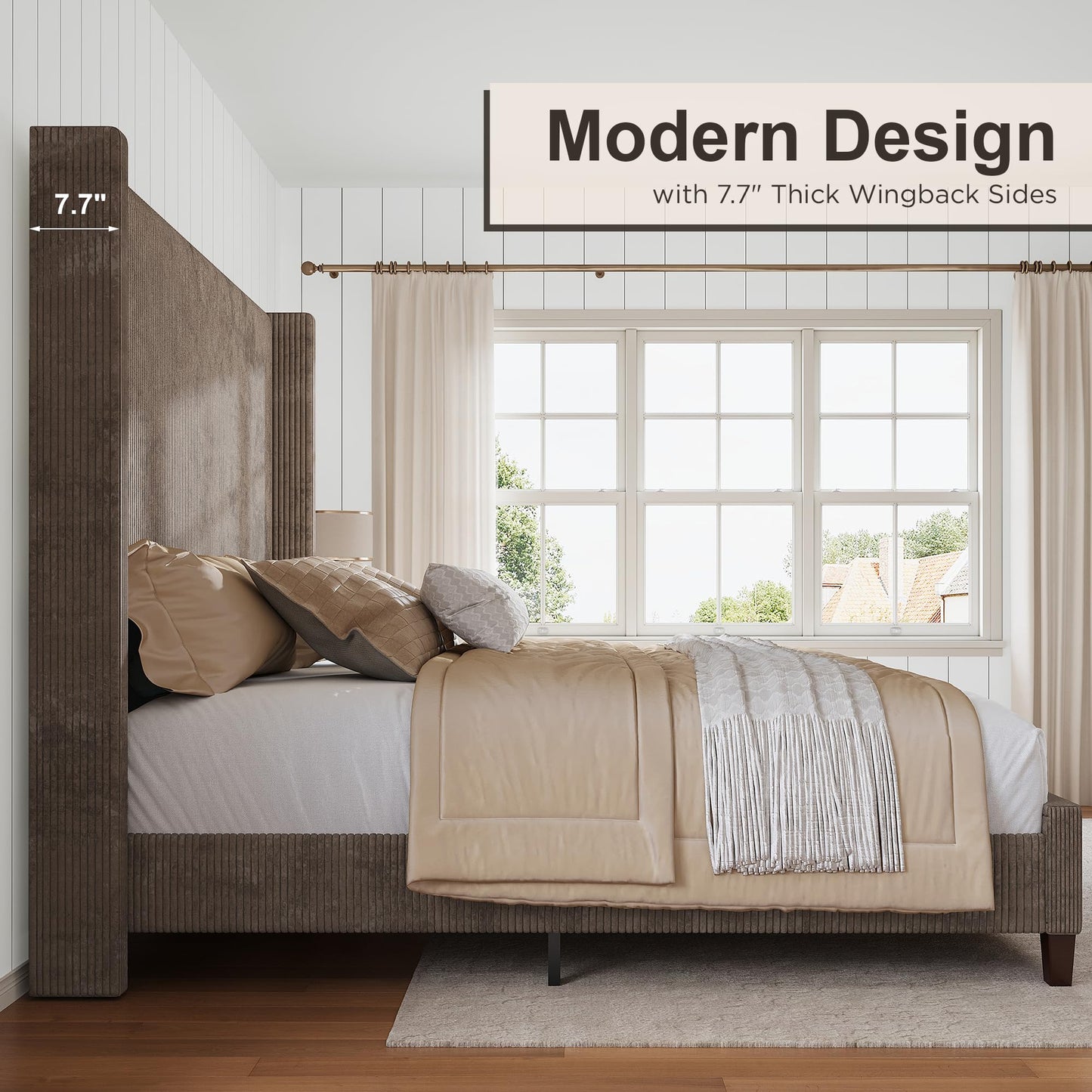 HOWE King Size Bed Frame with 61.4" Extra Tall Headboard, Corduroy Upholstered Bed with Vertical Wingback Headboard, No Box Spring Needed/Noise Free/Solid Wood Slats & Legs/Brown