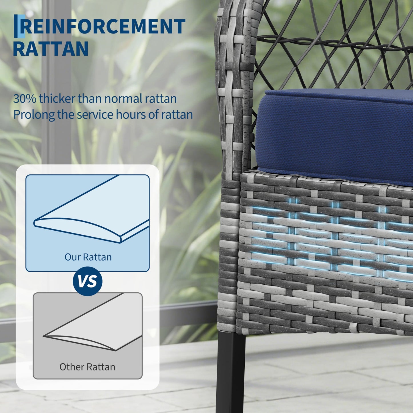 GarveeHome 3-Piece Outdoor Rocking Chair Set, Wicker Rattan Patio Furniture with Glass-Top Coffee Table, Modern Conversation Seating with Cushions for Porch, Backyard (Gary Rattan & Blue Cushion)