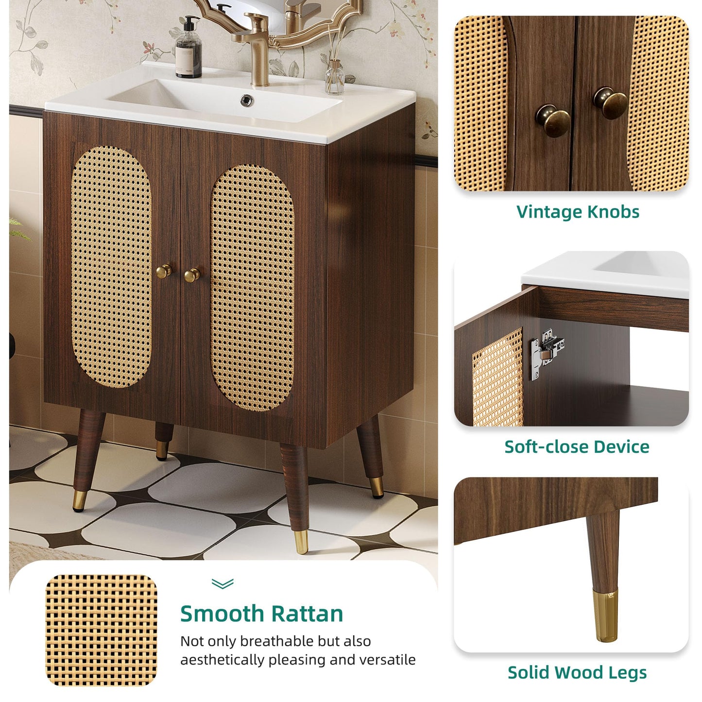 DWVO 24 Inch Rattan Vanity with Sink, Small Freestanding Bathroom Vanity Cabinet, Boho Style with 2 Large Soft-Closing Doors & Four-Sided Water Barrier Strip, Walnut