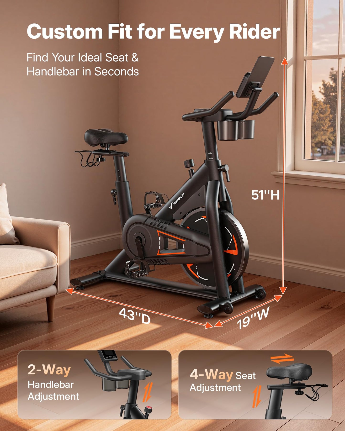 Merach Magnetic Exercise Bike, Low Noise Stationary Bike for Home with Comfortable Seat Cushion, Spinning Bike with 330 lb Weight Capacity, Exclusive App, Tablet Mount and Fitness Courses
