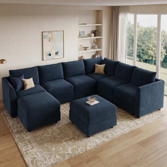 HONBAY Oversized Modular Sectional Sofa with Storage U Shape Sectional Sofa Set Velvet Sectional Couches for Living Room,Dark Blue