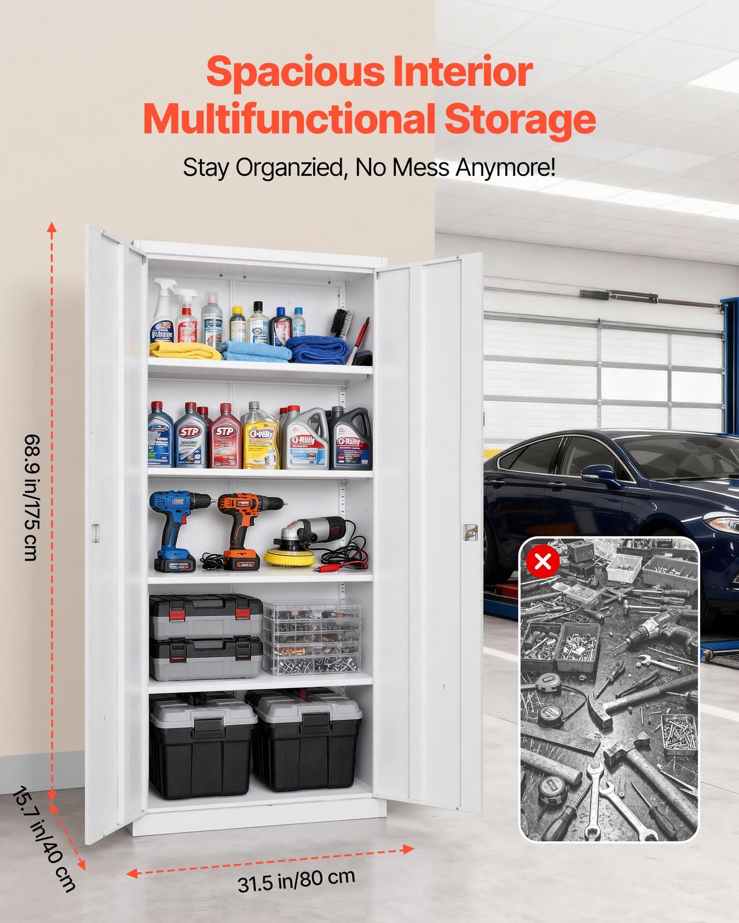 VEVOR Metal Storage Cabinet, Lockable Steel Garage Cabinet with Adjustable Shelves, 2 Magnetic Doors, 2 Keys, 5-Tiers Tool Storage Locker for Home, Office, School, Warehouse, Basement, Laundry, White