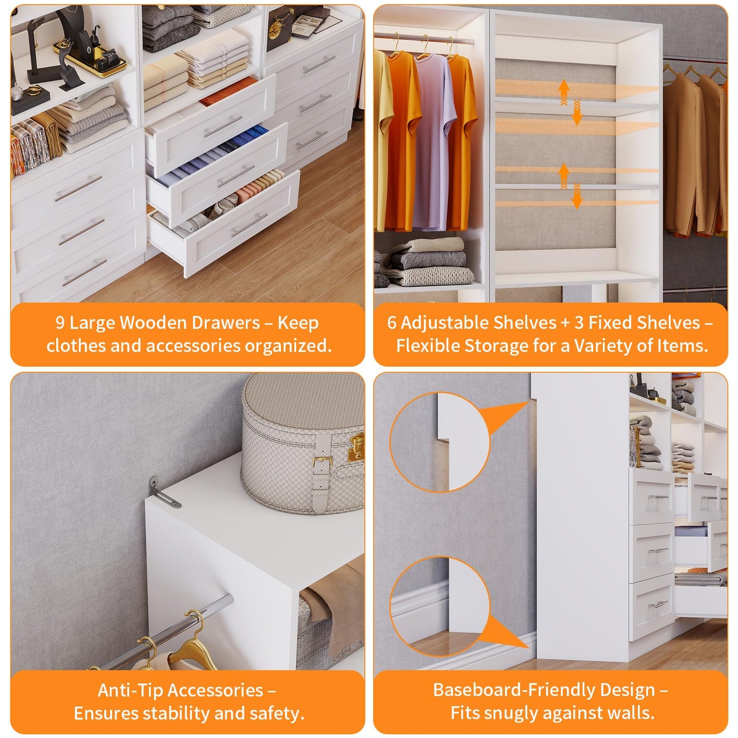 Closet System with 3 Sets, 6–20 FT Closet System with 9 Drawers, 9 Shelves & 7 Adjustable Hanging Rods, Max 244.3" Closet Organizer Systems for Walk-in Closets, Modular Custom Closet Tower, White